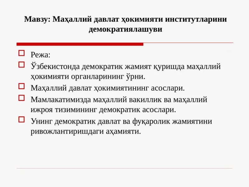 Маҳаллий давлат ҳокимияти институтларини демократиялашуви