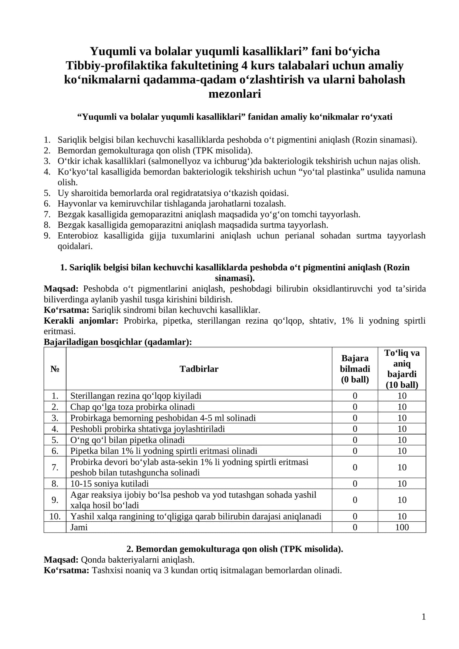 Yuqumli va bolalar yuqumli kasalliklari fani bo‘yicha Tibbiy-profilaktika fakulteti amaliy ko‘nikmalar ro‘yxati