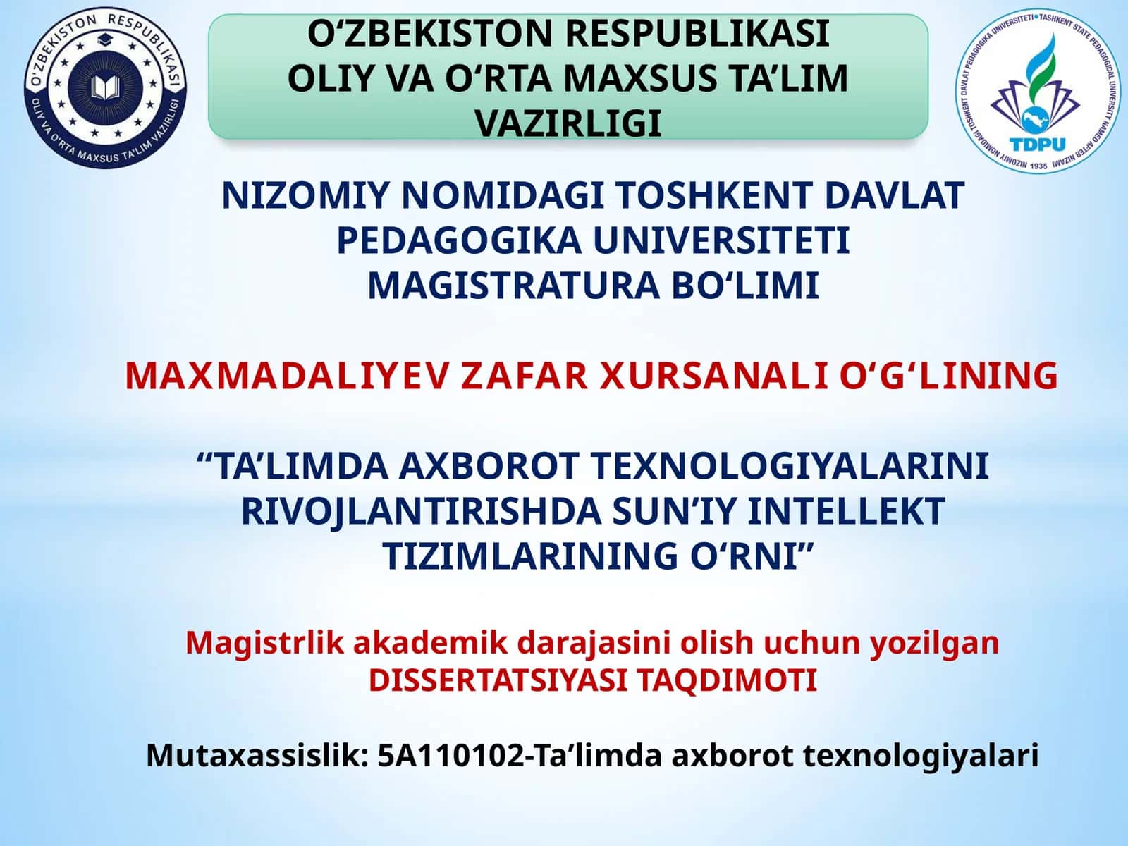 DISSERTATSIYASI TAQDIMOTI
