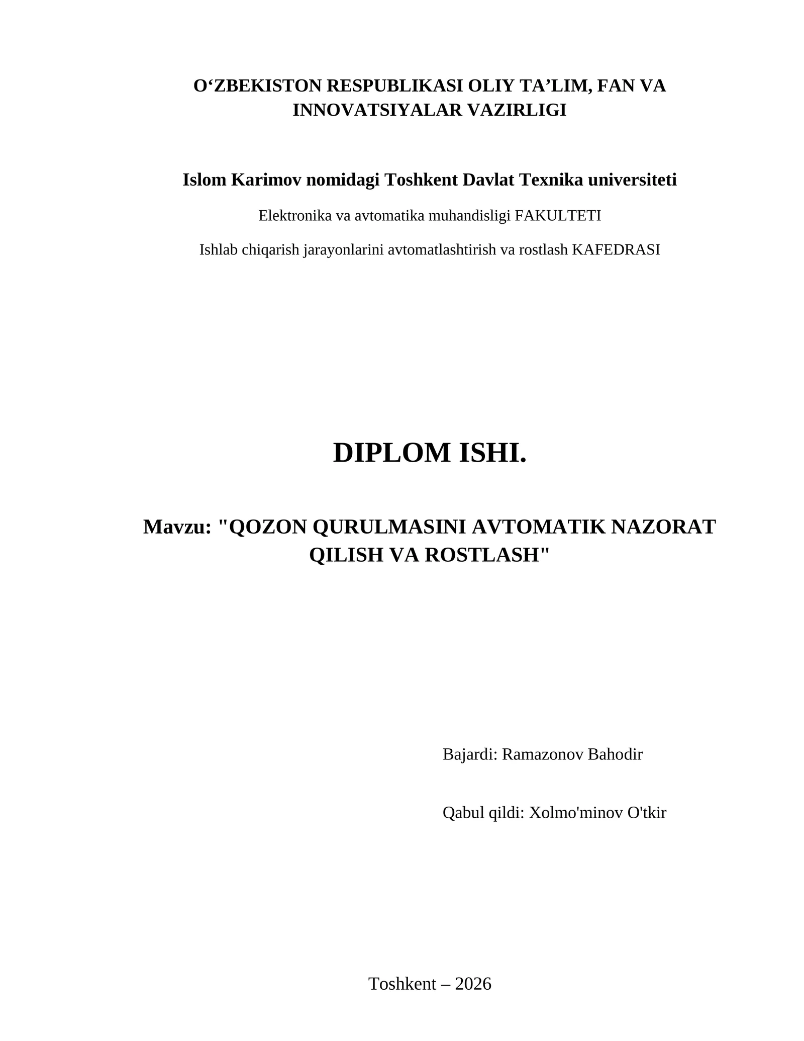 Qozon qurulmasini avtomatik nazorat qilish va rostlash