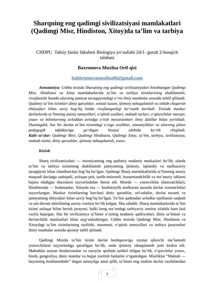Sharqning eng qadimgi sivilizatsiyasi mamlakatlari (Qadimgi Misr, Hindiston, Xitoy)da taʼlim va tarbiya
