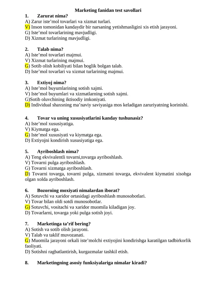 Marketing fanidan test savollari