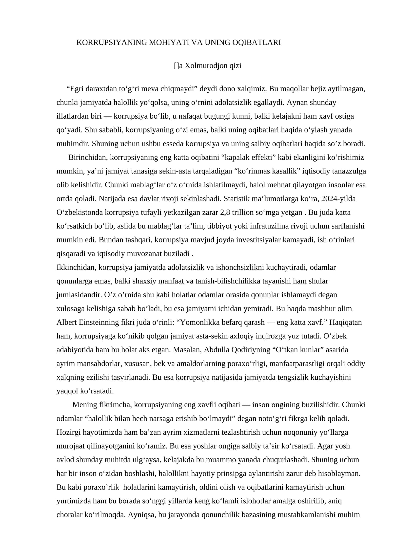 KORRUPSIYANING MOHIYATI VA UNING OQIBATLARI