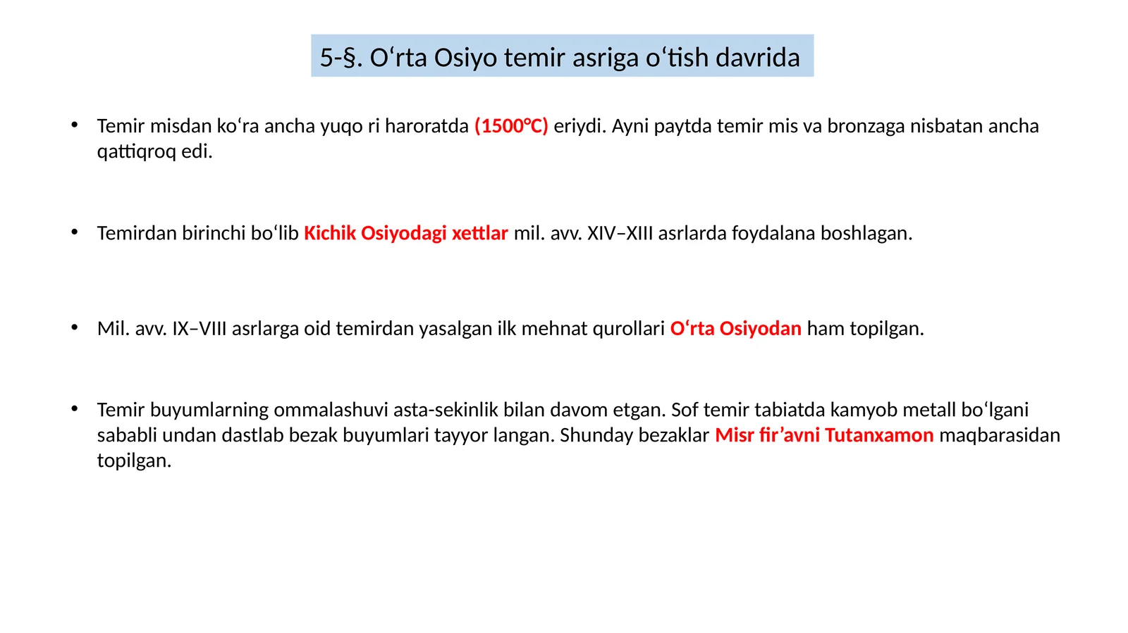 O‘rta Osiyo temir asriga o‘tish davrida