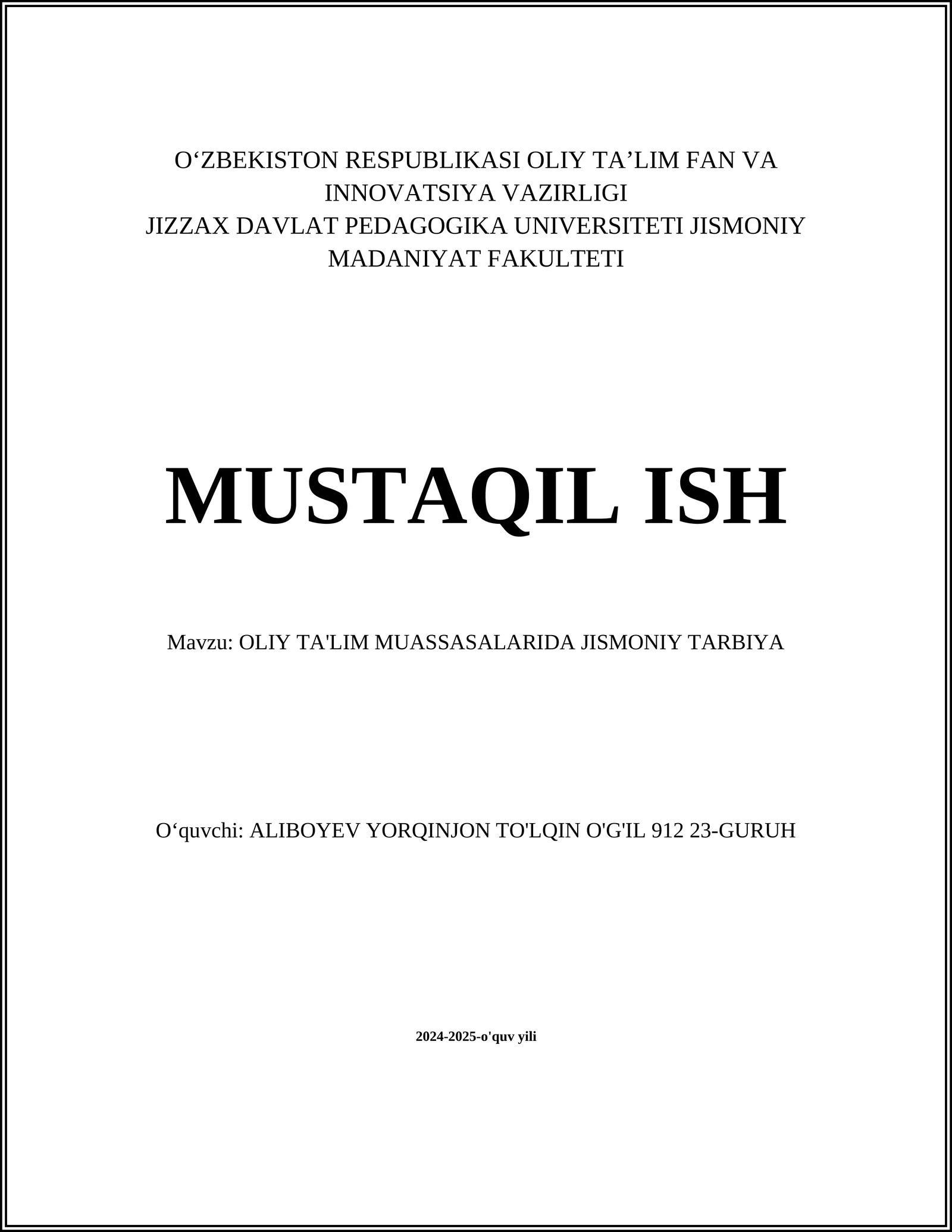OLIY TA'LIM MUASSASALARIDA JISMONIY TARBIYA
