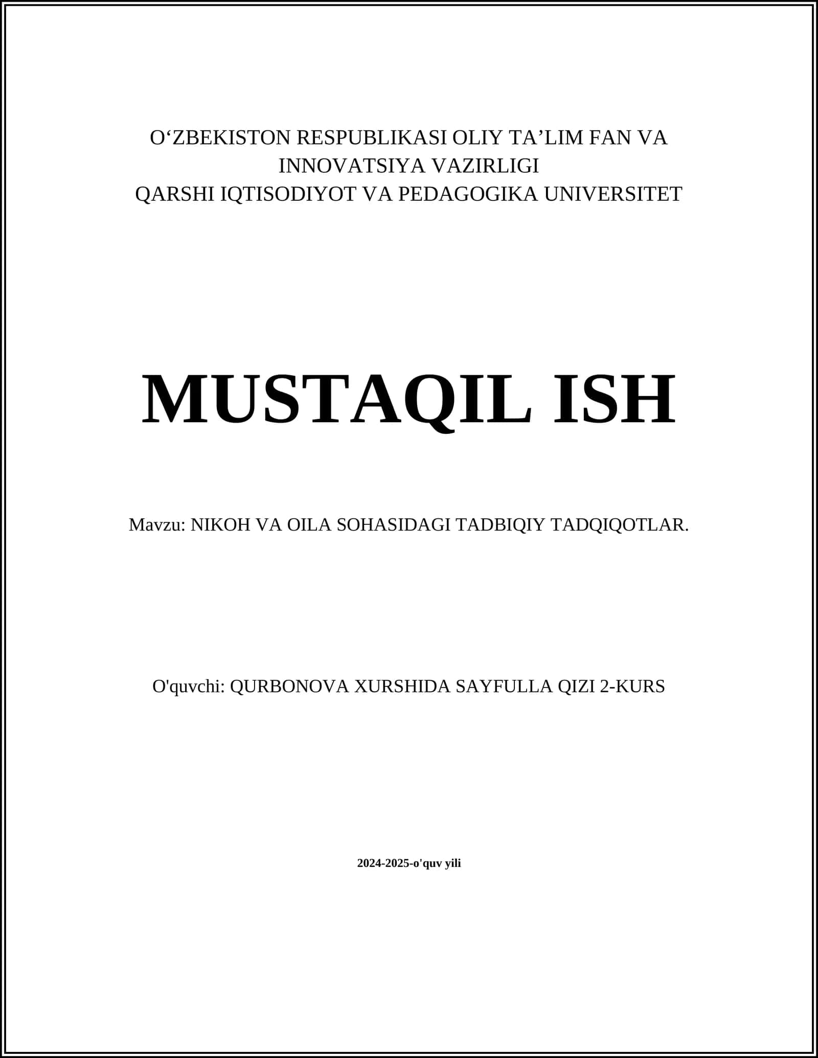 NIKOH VA OILA SOHASIDAGI TADBIQIY TADQIQOTLAR
