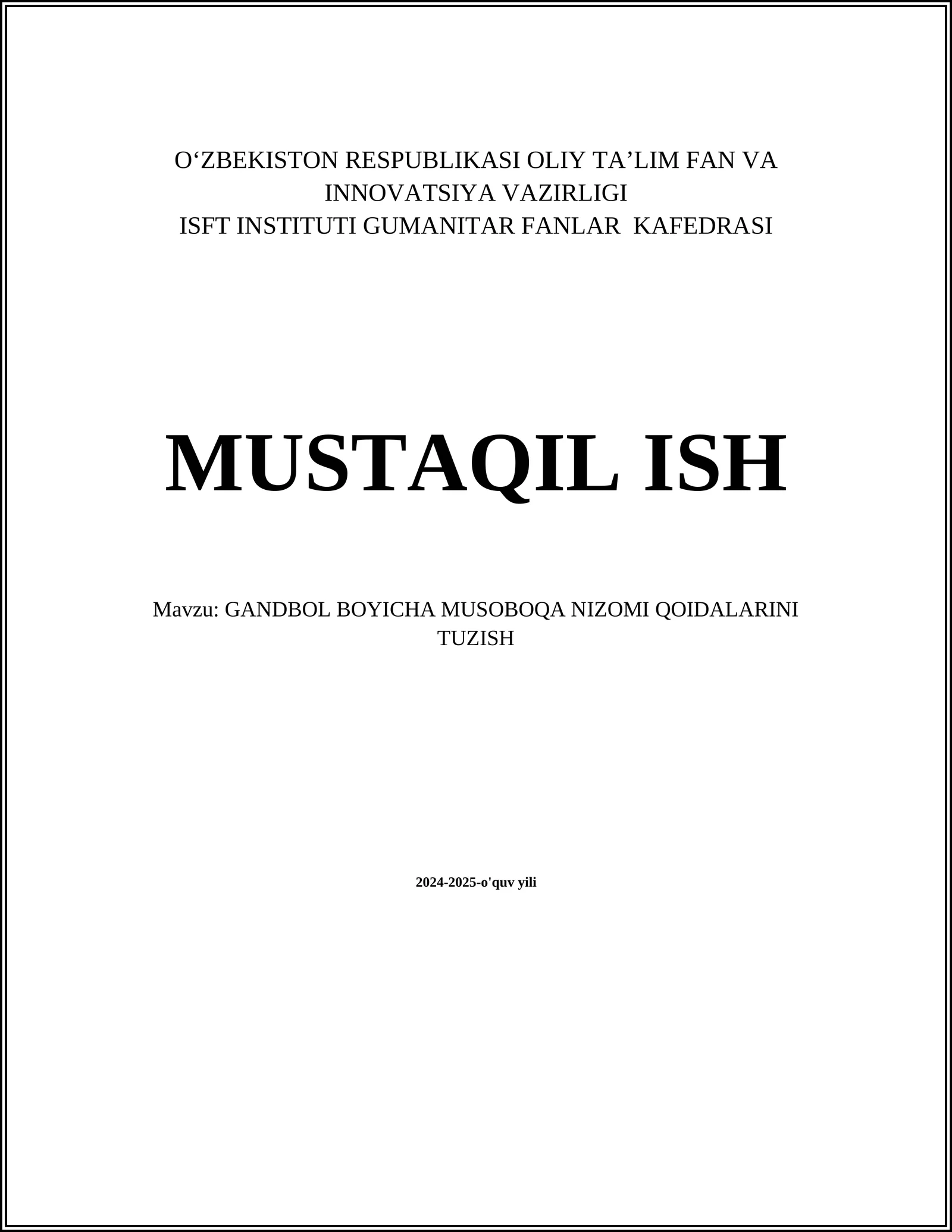 GANDBOL BOYICHA MUSOBOQA NIZOMI QOIDALARINI TUZISH