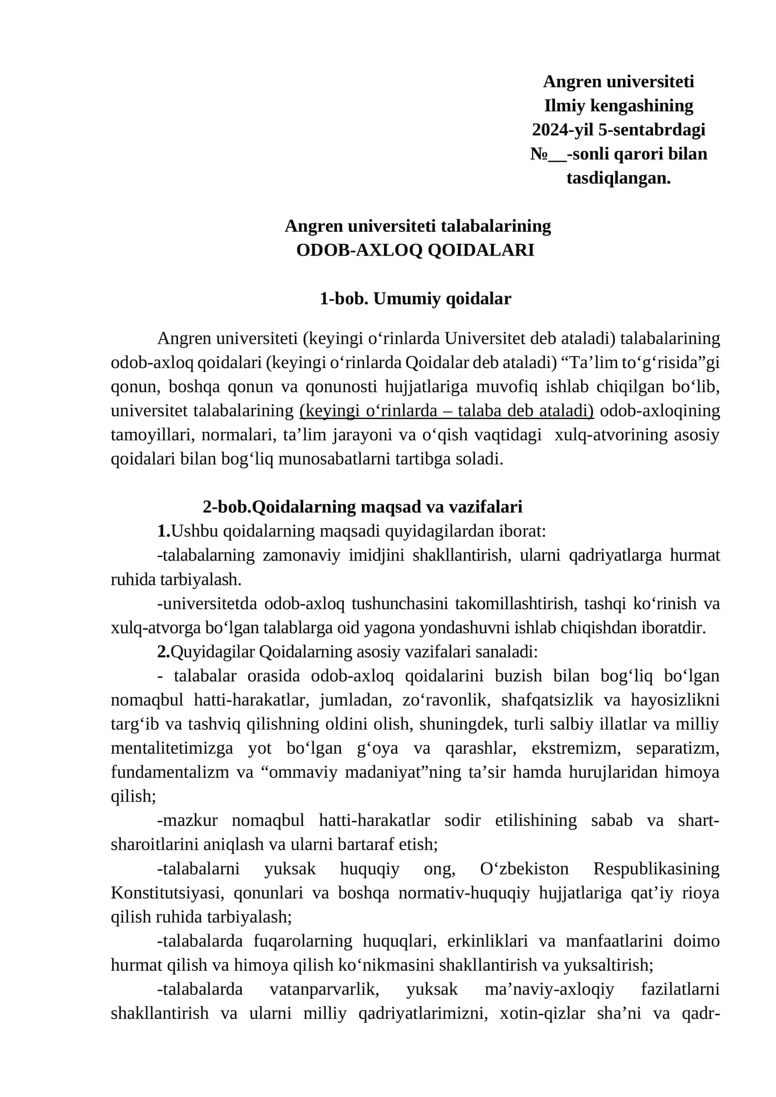 Angren universiteti talabalarining ODOB-AXLOQ QOIDALARI