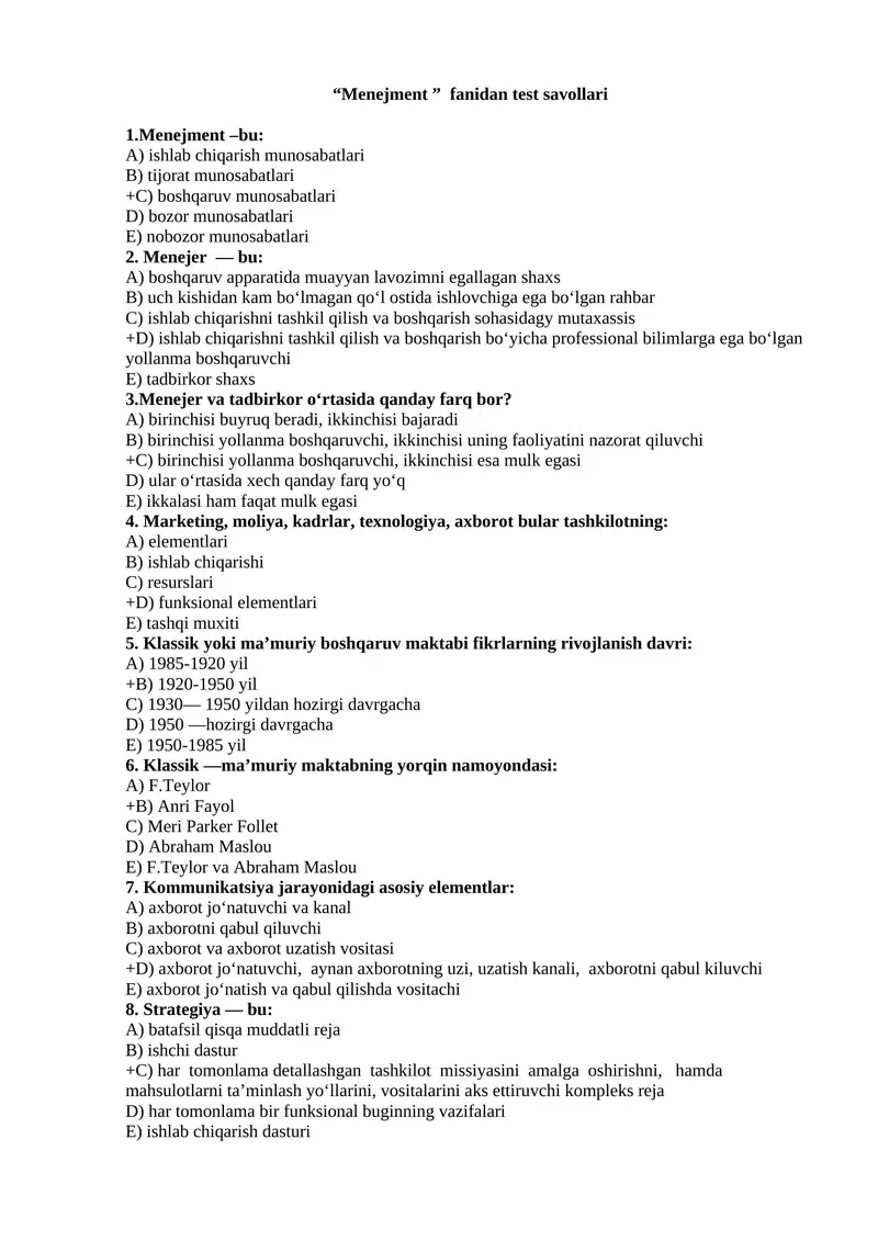 Menejment fanidan testlar