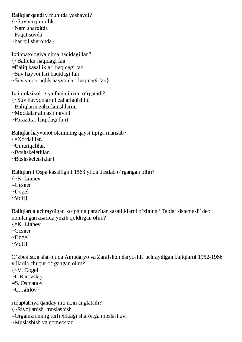 Baliqlar hayvonot olamining qaysi tipiga mansub?