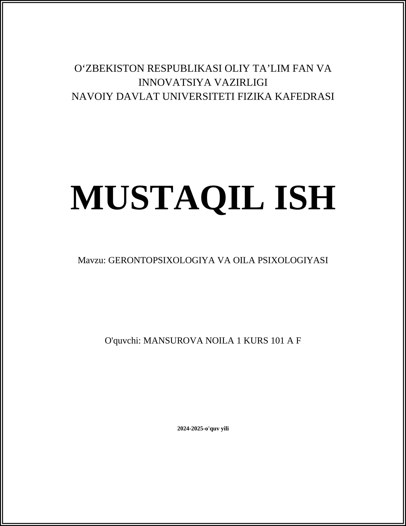GERONTOPSIXOLOGIYA VA OILA PSIXOLOGIYASI