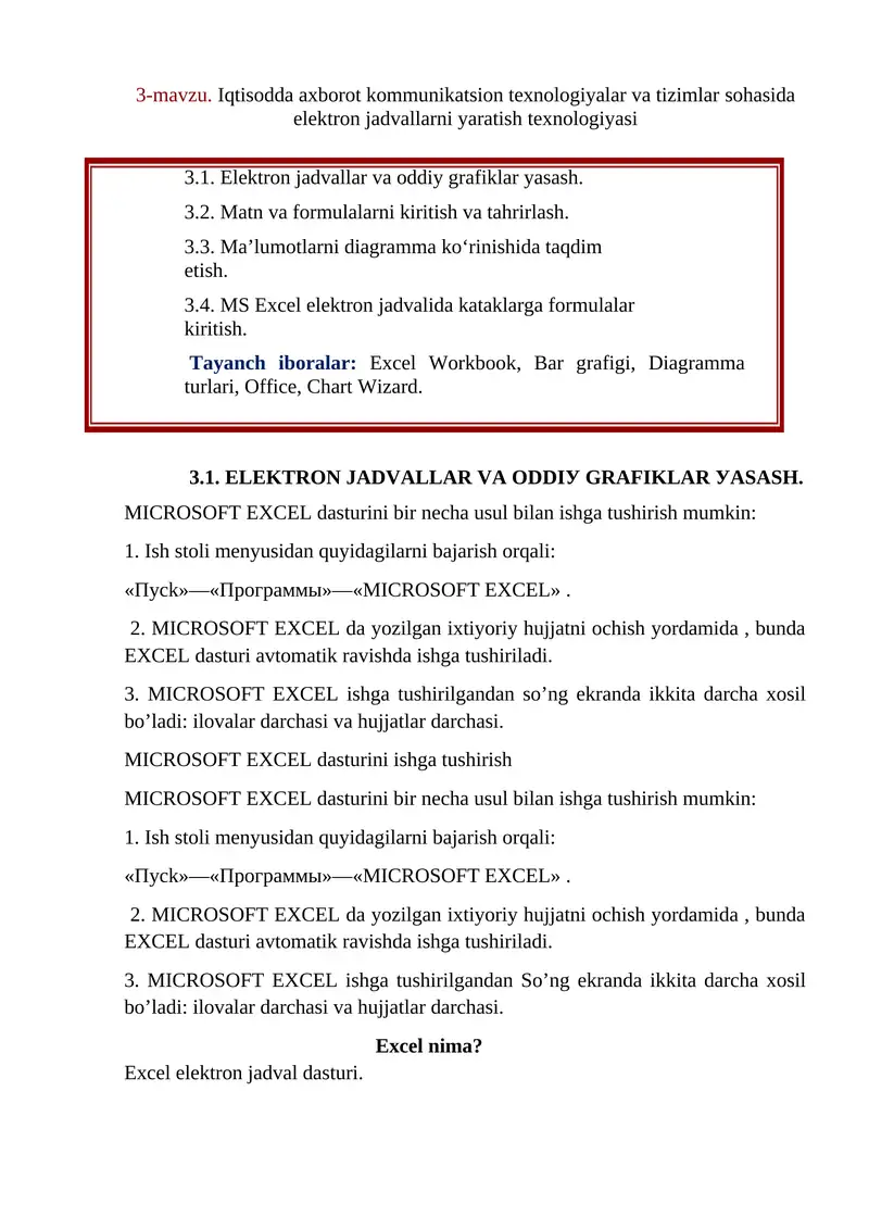 Iqtisodda axborot kommunikatsion texnologiyalar va tizimlar sohasida elektron jadvallarni yaratish texnologiyasi