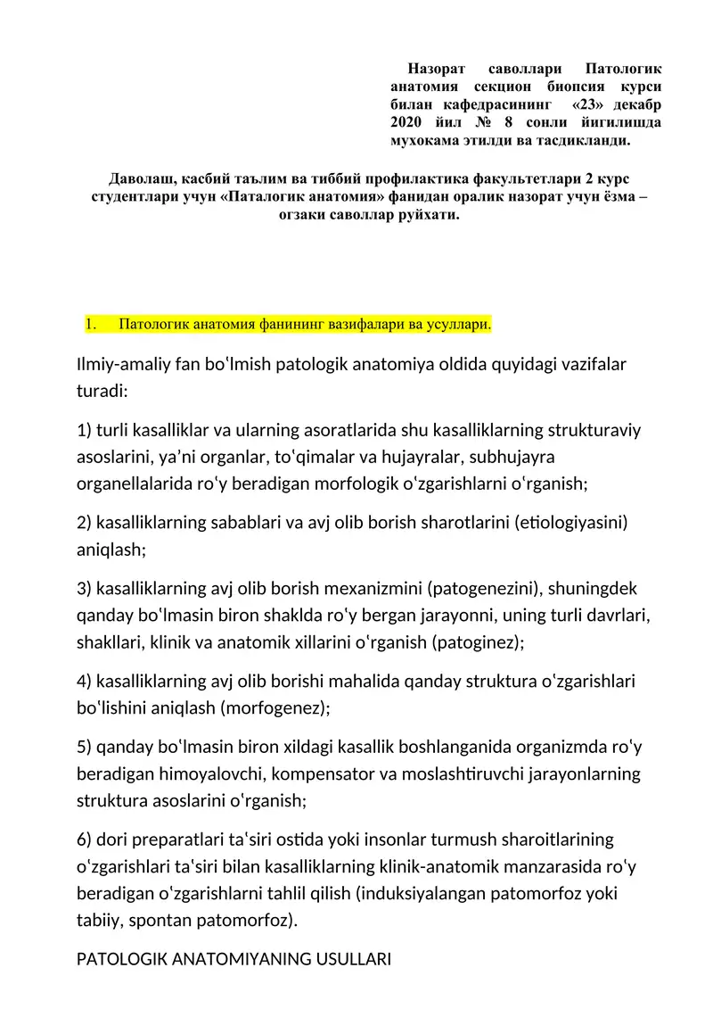 Patologik anatomiya saviyasida o'qish materiallari