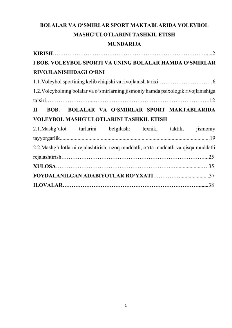 BOLALAR VA O‘SMIRLAR SPORT MAKTABLARIDA VOLEYBOL MASHG’ULOTLARINI TASHKIL ETISH