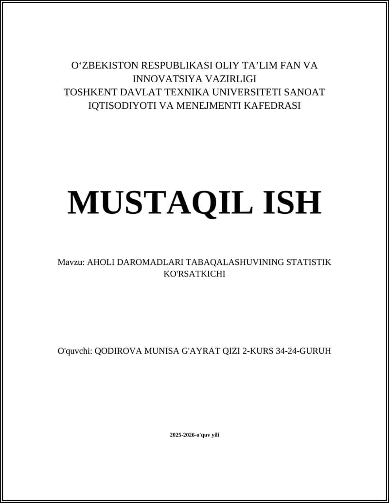 AHOLI DAROMADLARI TABAQALASHUVINING STATISTIK KO'RSATKICHI