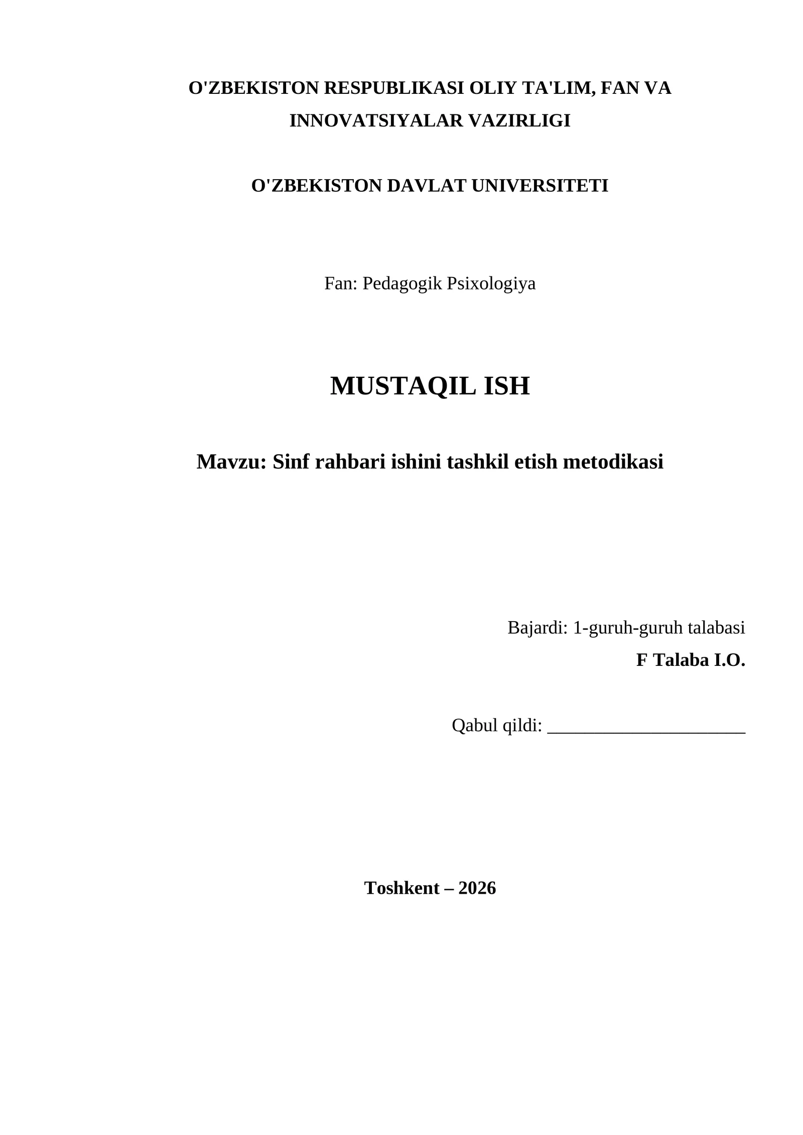 Sinf rahbari ishini tashkil etish metodikasi