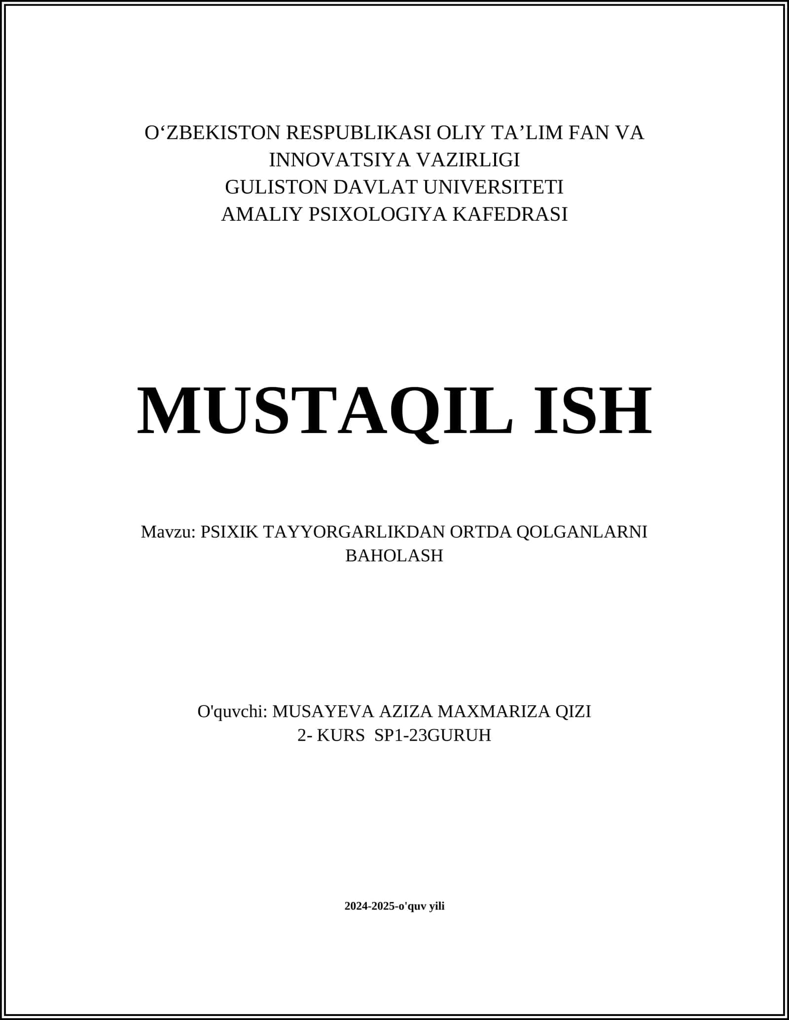 PSIXIK TAYYORGARLIKDAN ORTDA QOLGANLARNI BAHOLASH