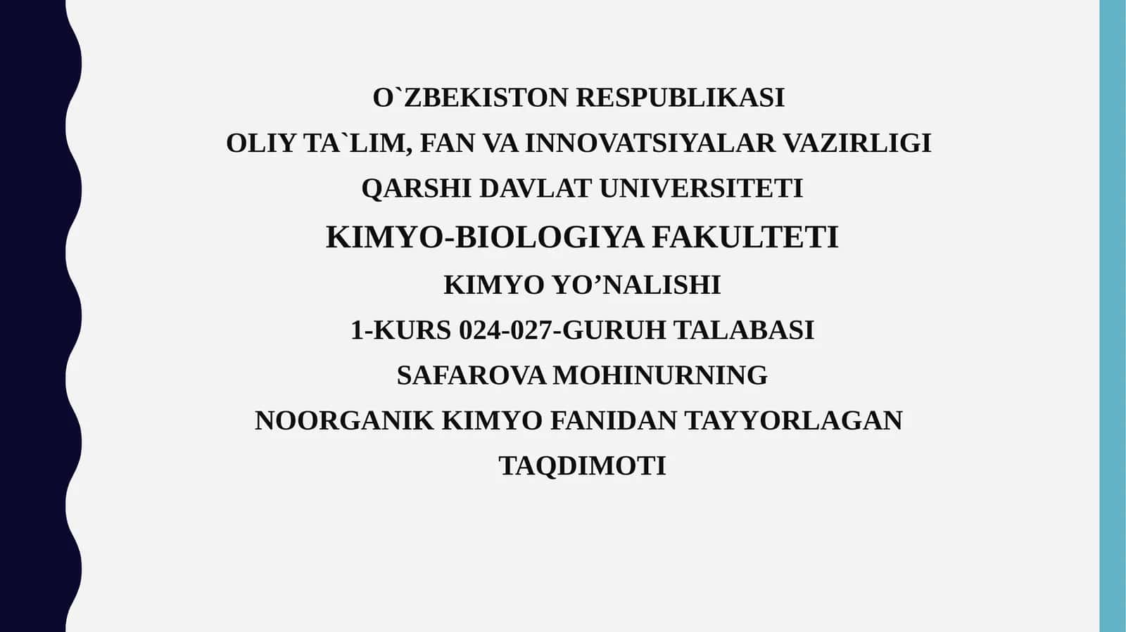 NOORGANIK KIMYOFANIDAN TAYYORLAGAN TAQDIMOTI