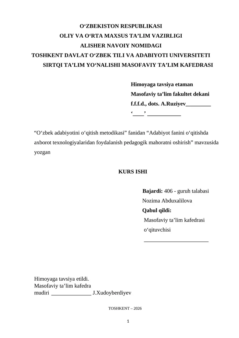 Adabiyot fanini oʻqitishda axborot texnologiyalaridan foydalanish pedagogik mahoratni oshirish