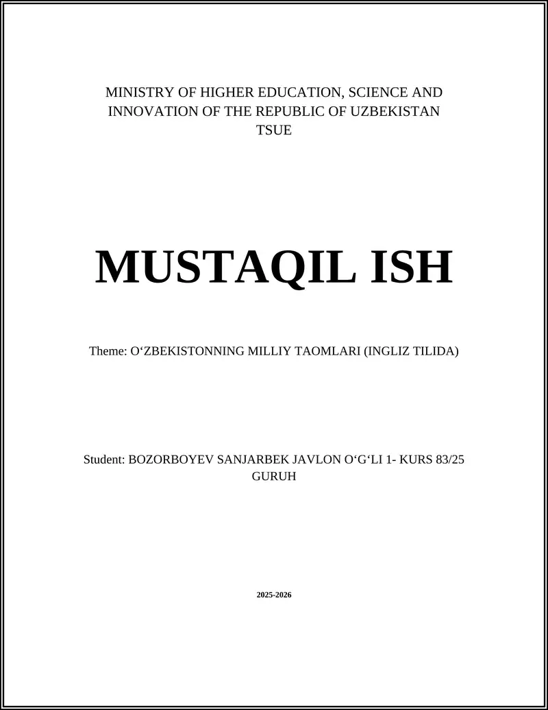 OʻZBEKISTONNING MILLIY TAOMLARI (INGLIZ TILIDA)