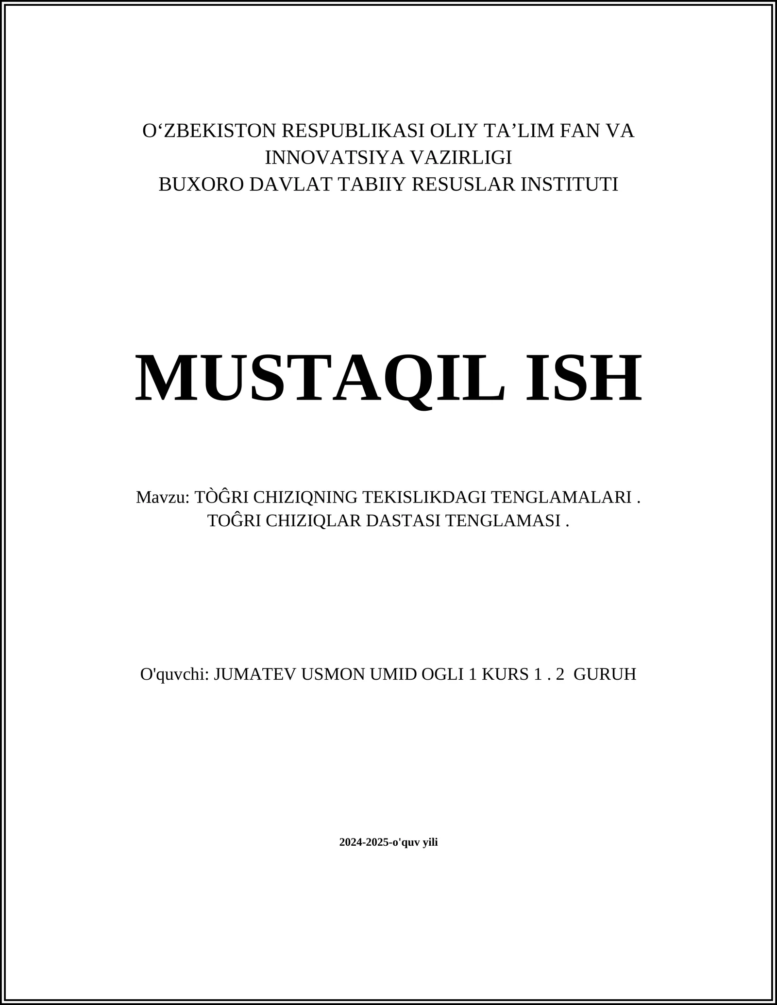 TÒĜRI CHIZIQNING TEKISLIKDAGI TENGLAMALARI. TOĜRI CHIZIQLAR DASTASI TENGLAMASI