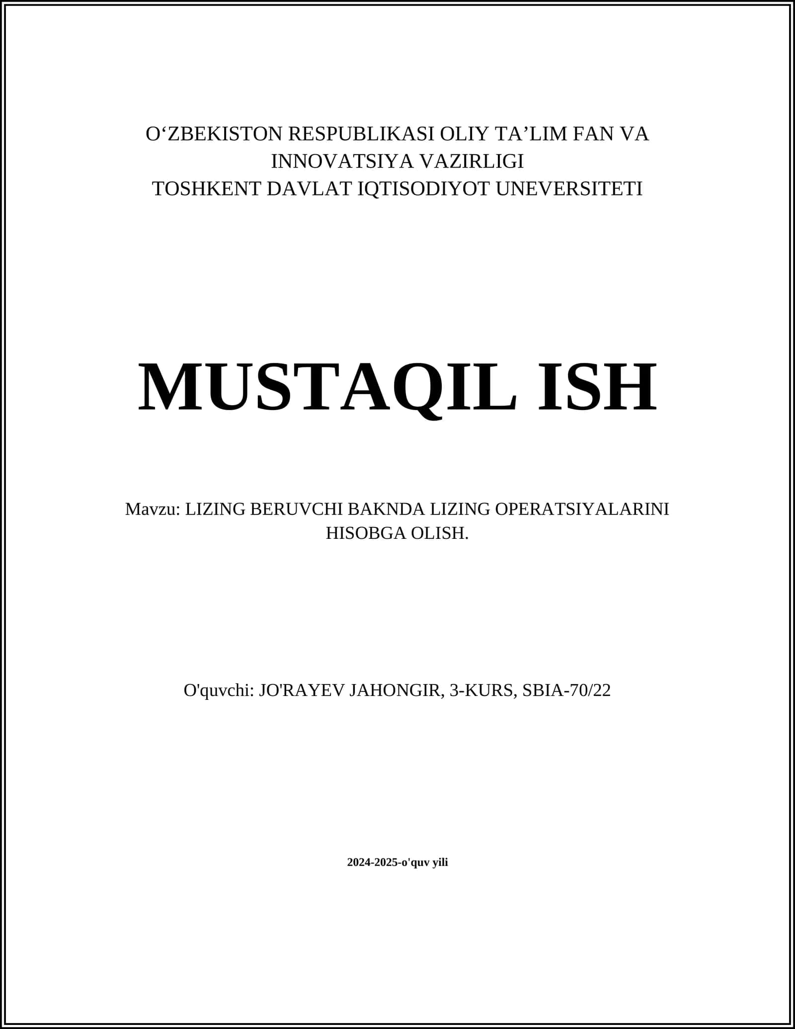 LIZING BERUVCHI BAKNDA LIZING OPERATSIYALARINI HISOBGA OLISH