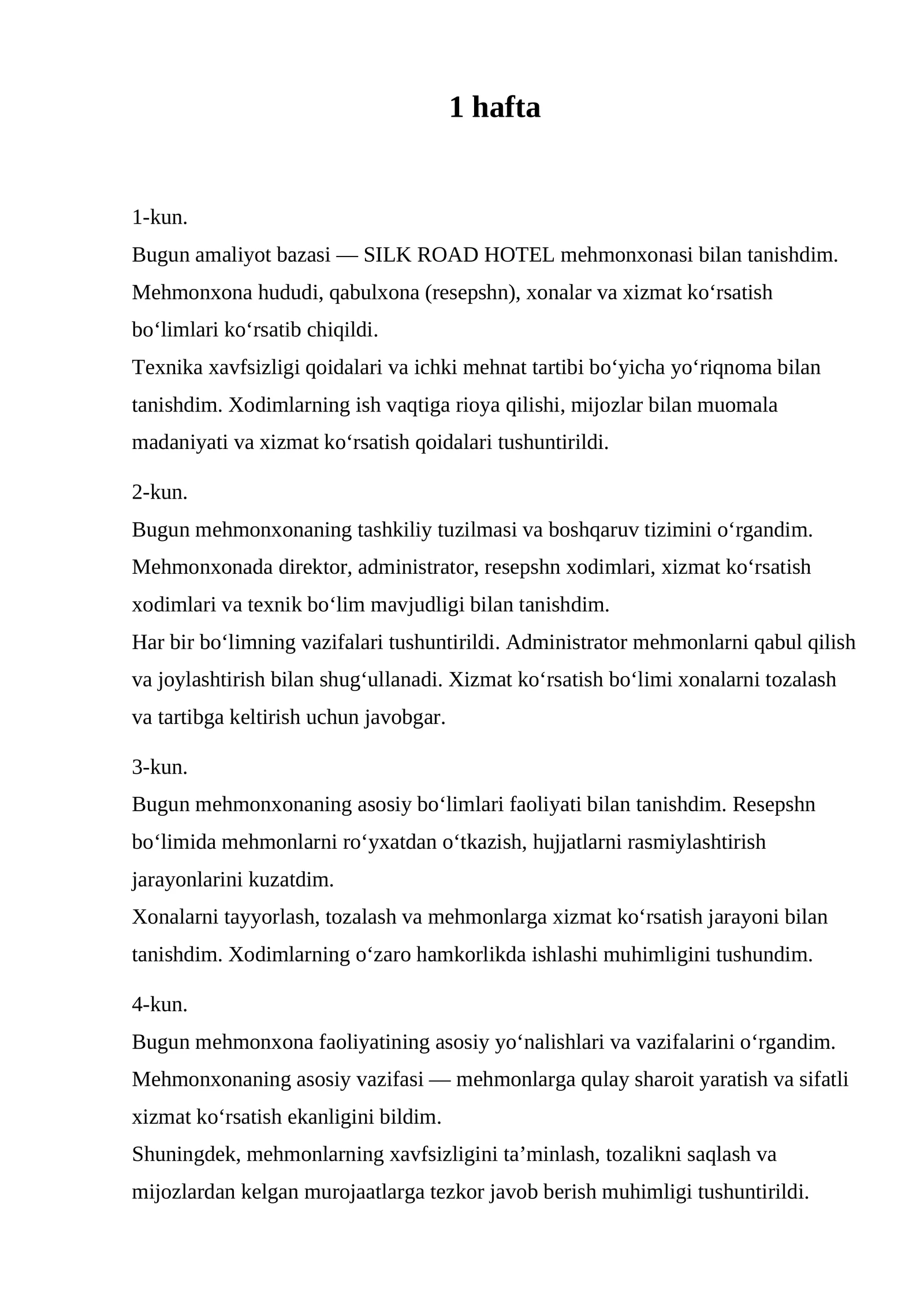 Amaliyot bazasi — SILK ROAD HOTEL mehmonxonasi bilan tanishdim