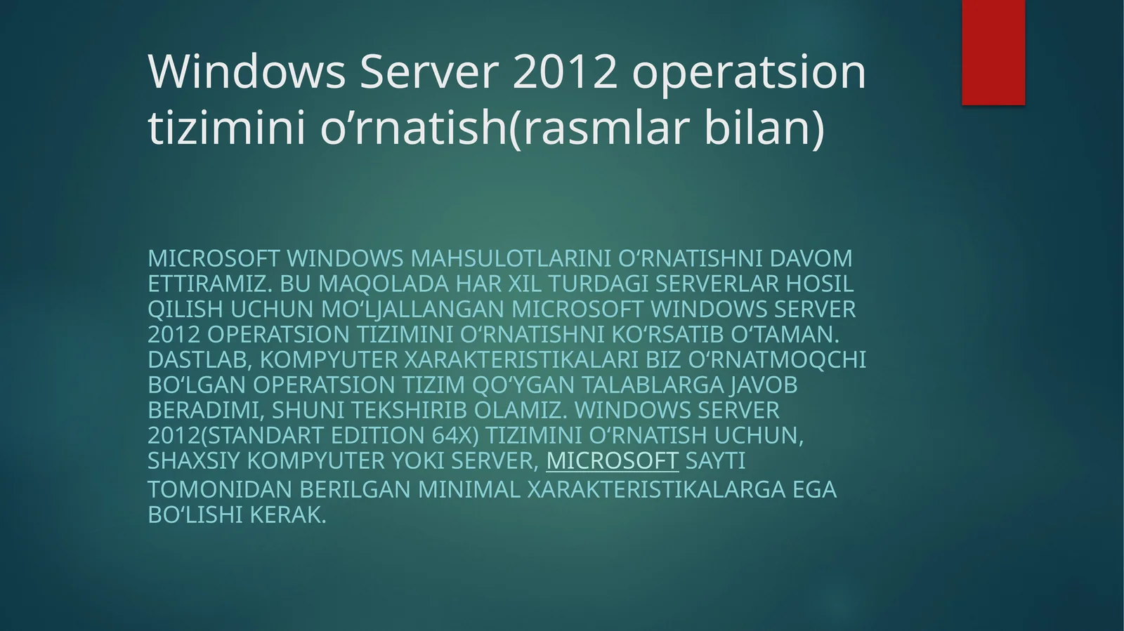 Windows Server 2012 operatsion tizimini o'rnatish