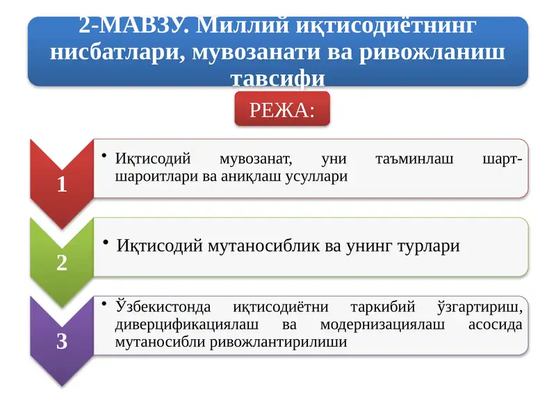 Миллий иқтисодиётнинг нисбатлари, мувозанати ва ривожланиш тавсифи