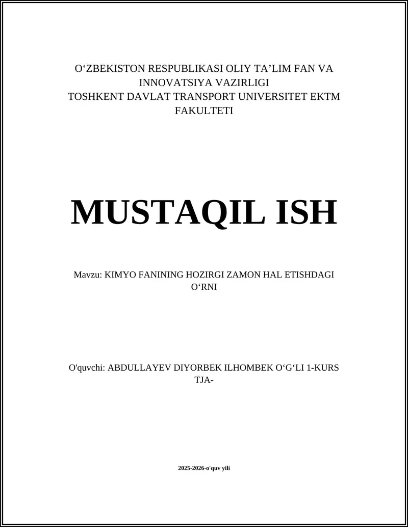 KIMYO FANINING HOZIRGI ZAMON HAL ETISHDAGI OʻRNI