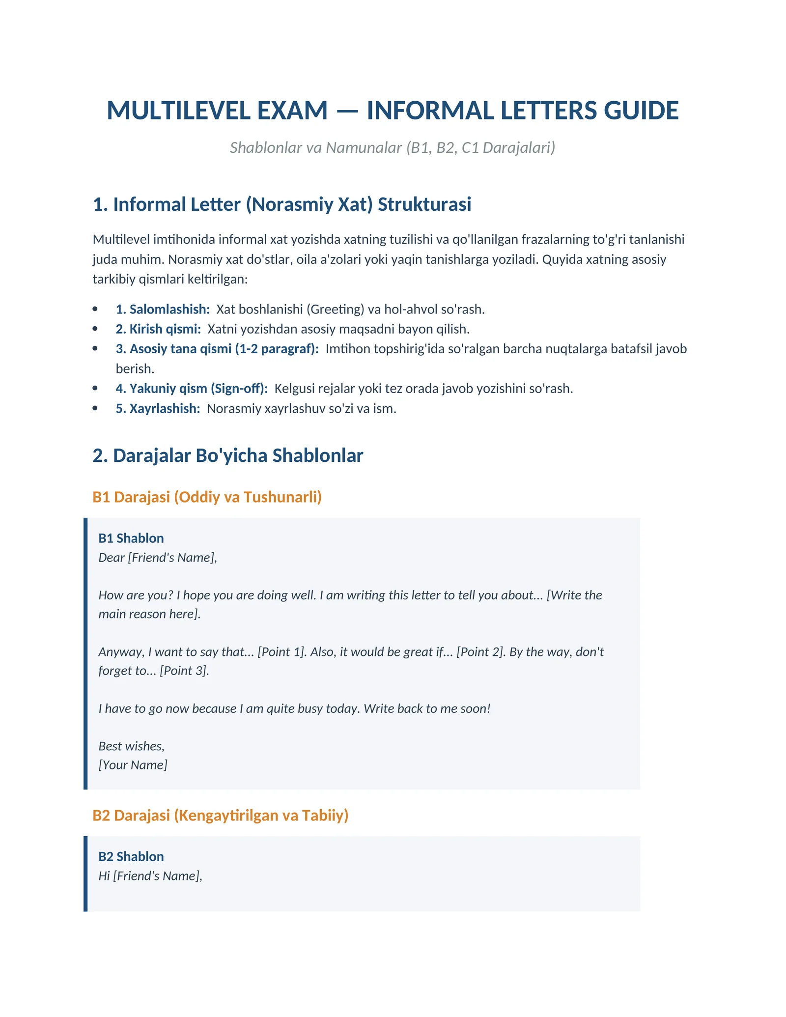 MULTILEVEL EXAM — INFORMAL LETTERS GUIDE