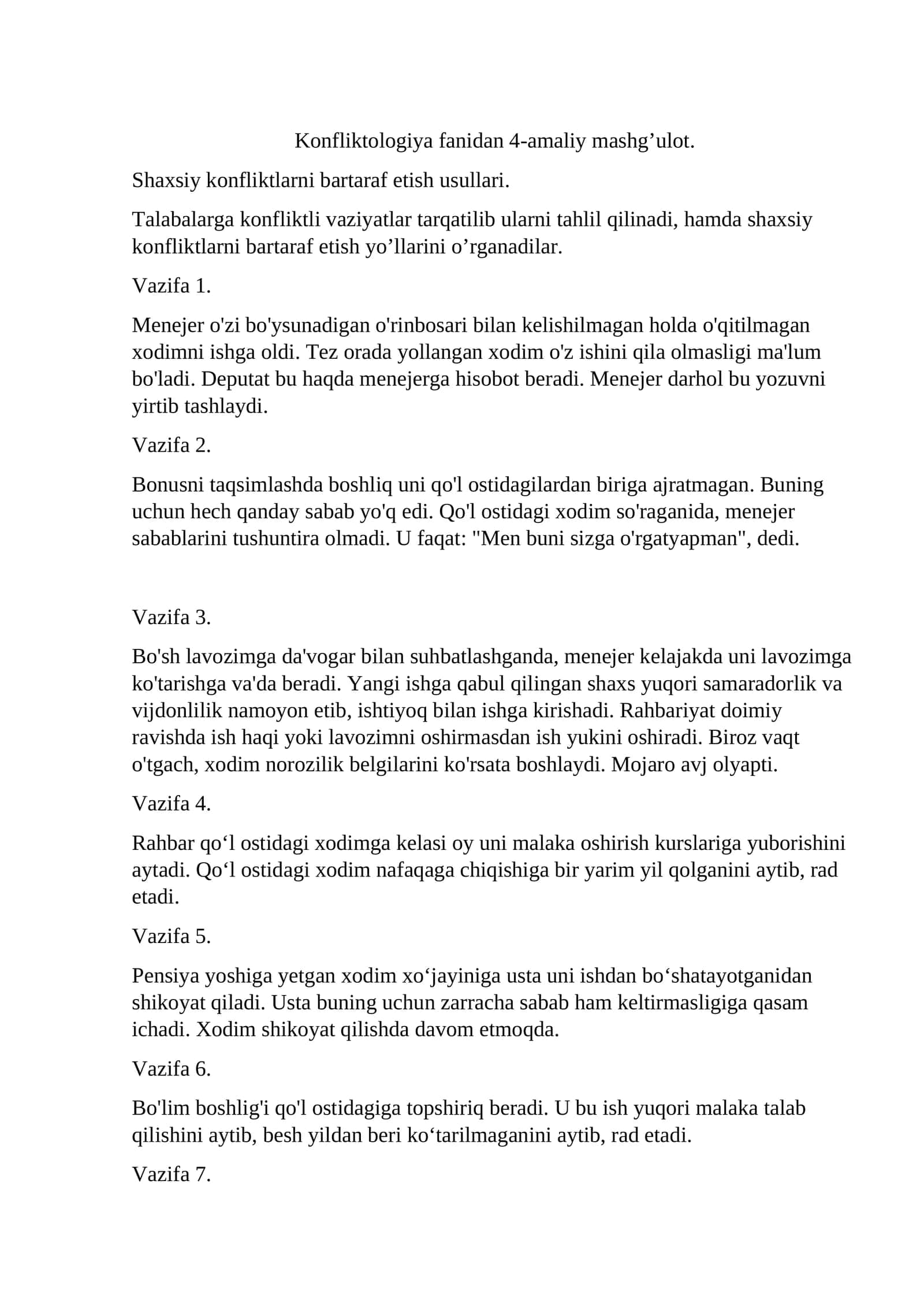 Konfliktologiya fanidan 4-amaliy mashg’ulot
