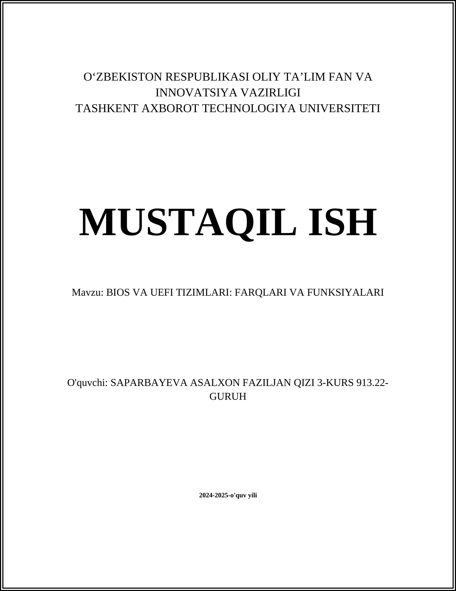 BIOS VA UEFI TIZIMLARI: FARQLARI VA FUNKSIYALARI