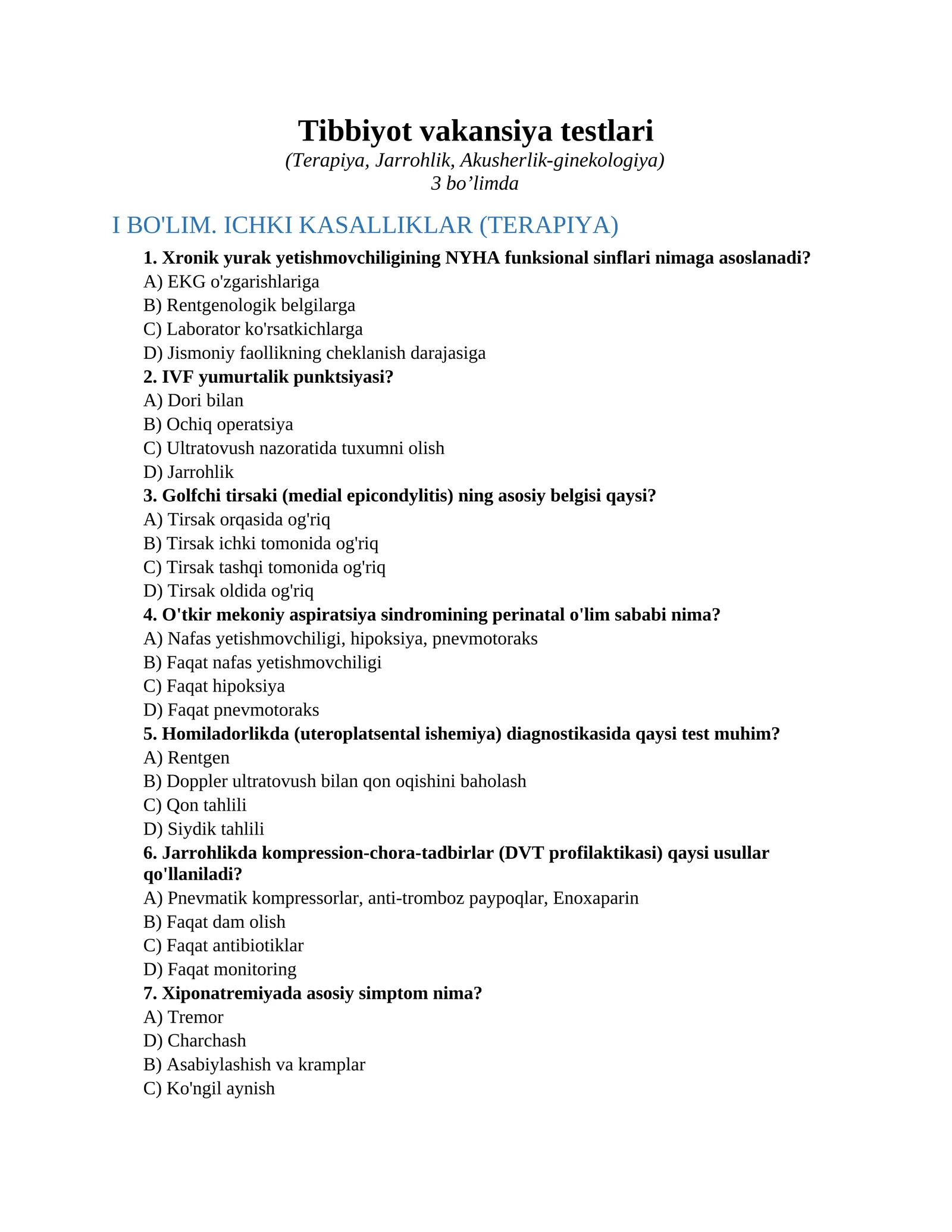 Tibbiyot vakansiya testlari