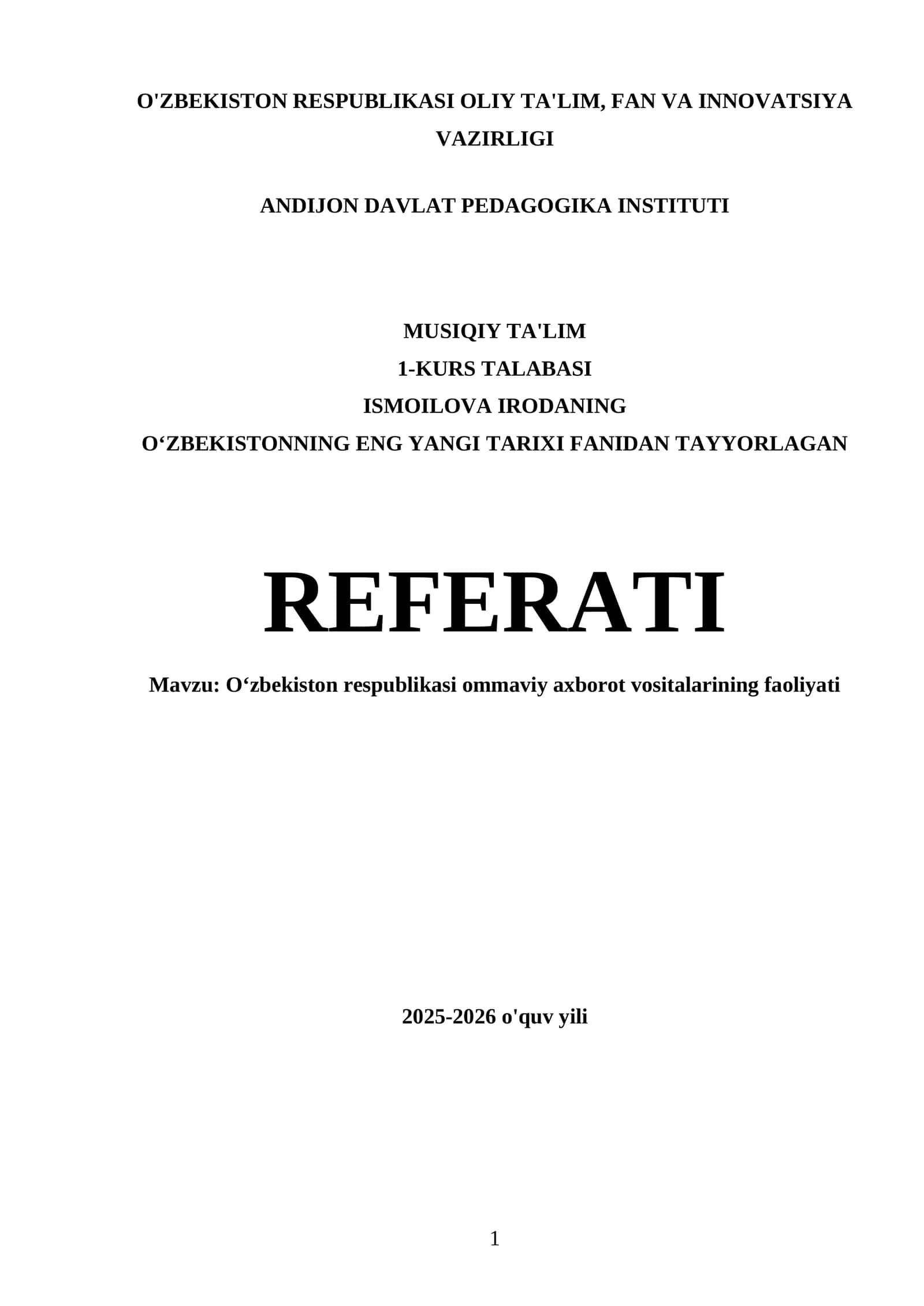 Oʻzbekistonning ENG YANGI TARIXI FANIDAN TAYYORLAGAN REFERATI