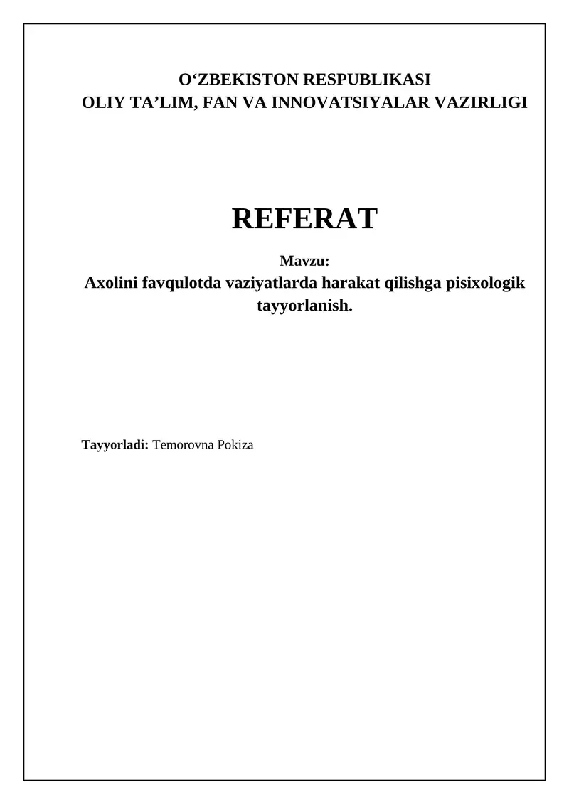 Refeart: Axolini favqulotda vaziyatlarda harakat qilishga pisixologik tayyorlanish
