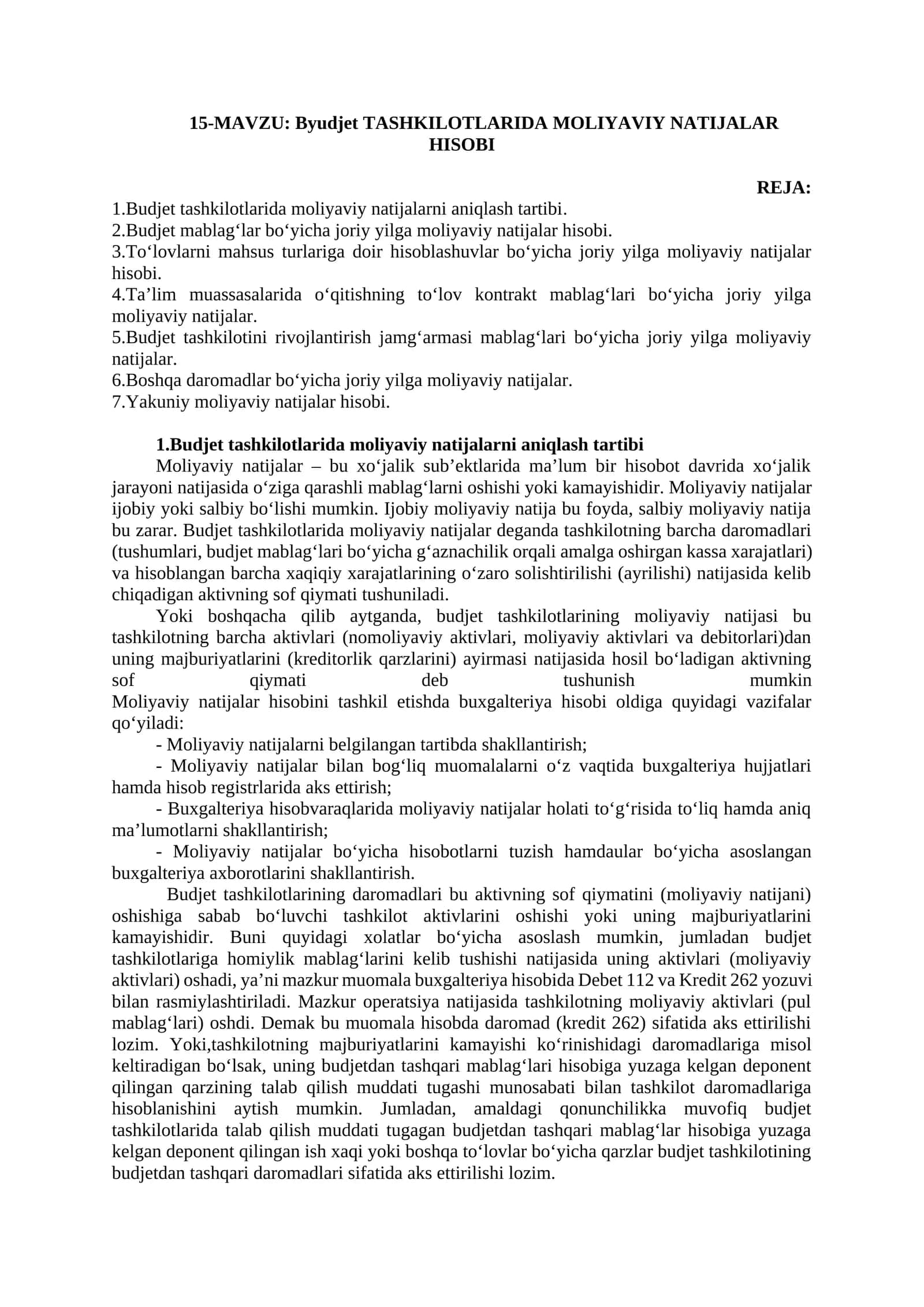 Byudjet TASHKILOTLARIDA MOLIYAVIY NATIJALAR HISOBI