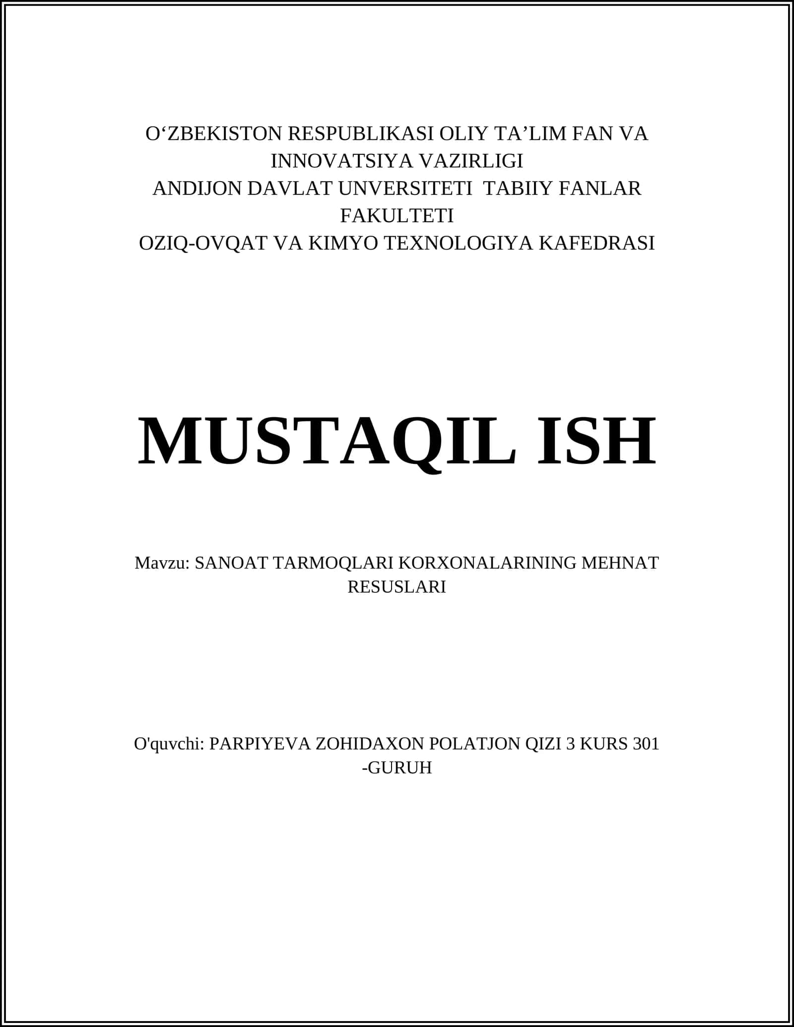 SANOAT TARMOQLARI KORXONALARINING MEHNAT RESUSLARI