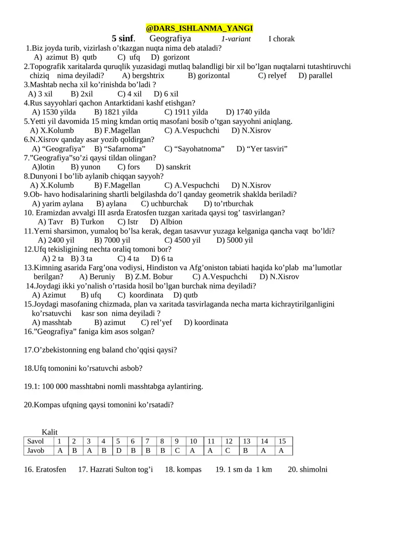 5 sinf. Geografiya 1-variant I chorak