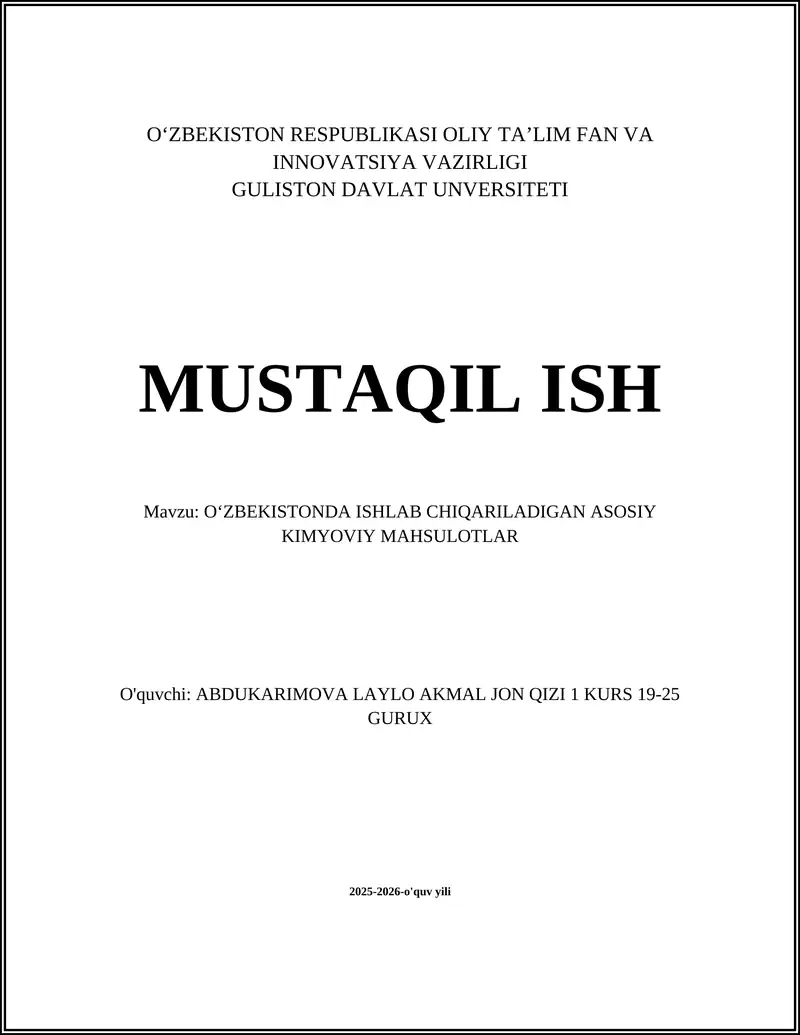 OʻZBEKISTONDA ISHLAB CHIQARILADIGAN ASOSIY KIMYOVIY MAHSULOTLAR