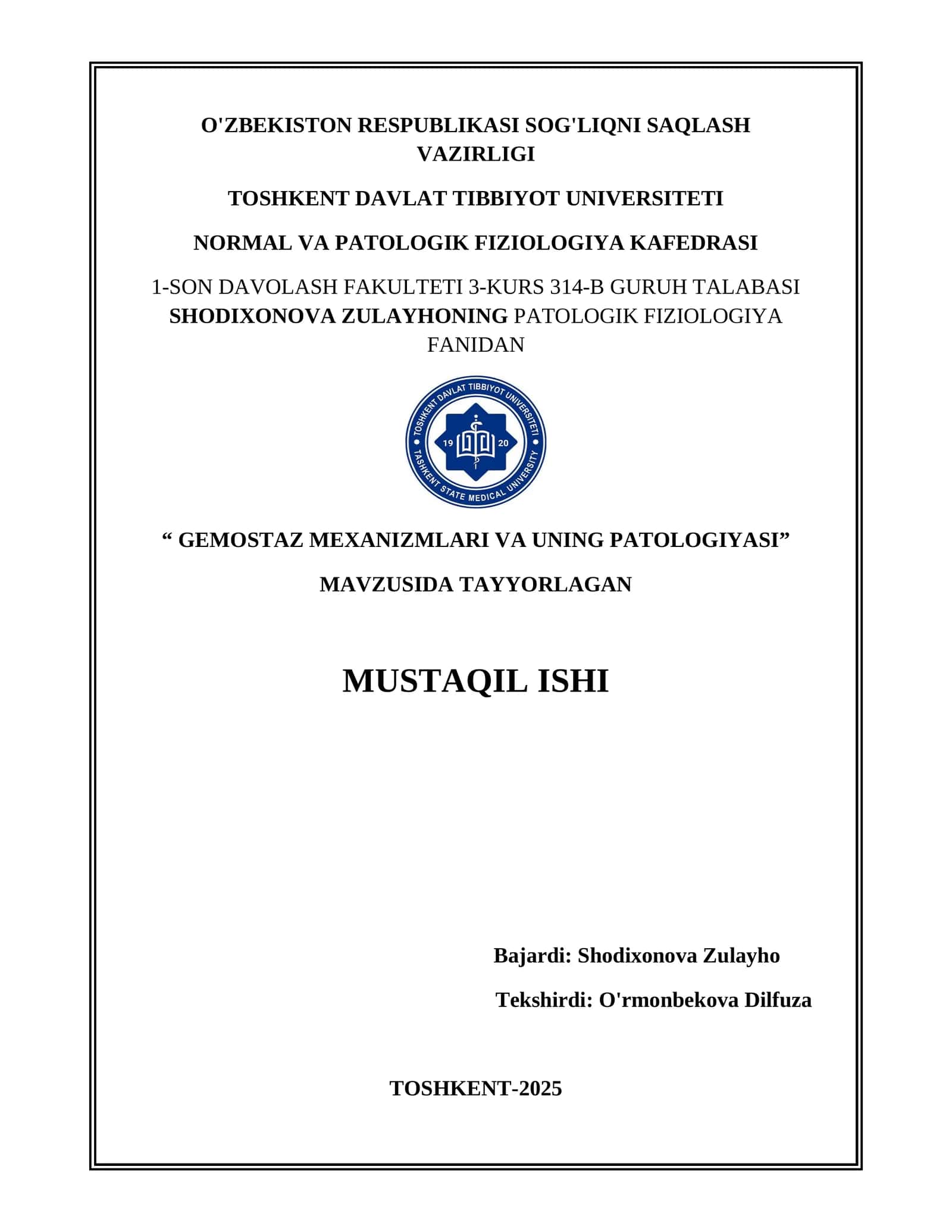 GEMOSTAZ MEXANIZMLARI VA UNING PATOLOGIYASI