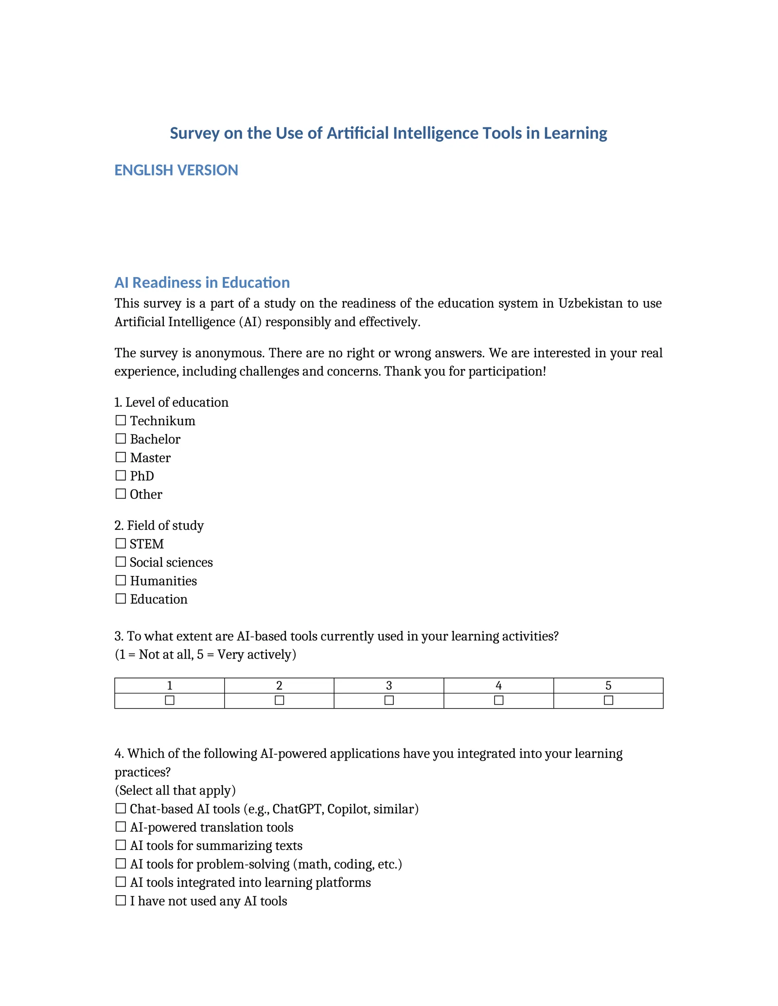 Survey on the Use of Artificial Intelligence Tools in Learning