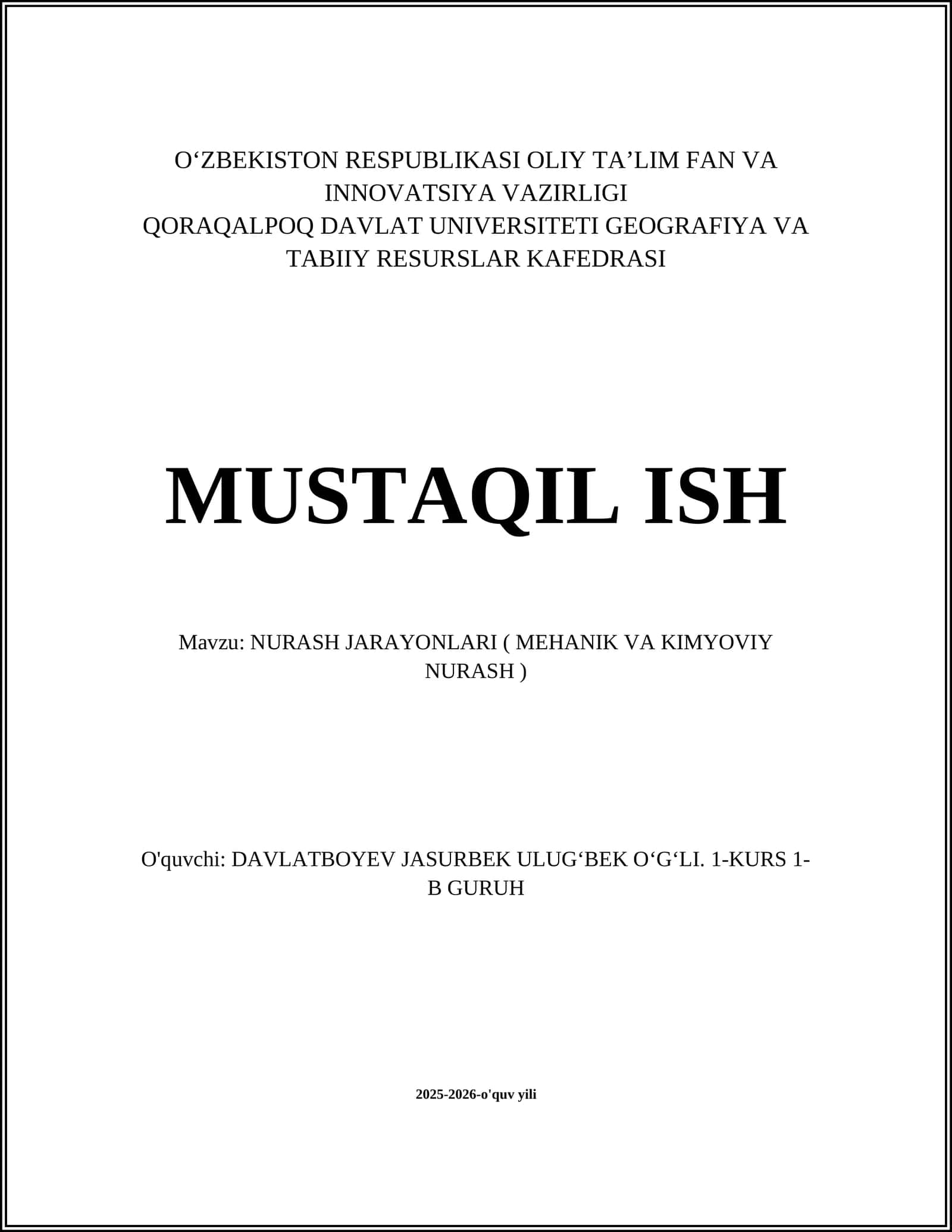 NURASH JARAYONLARI ( MEHANIK VA KIMYOVIY NURASH )