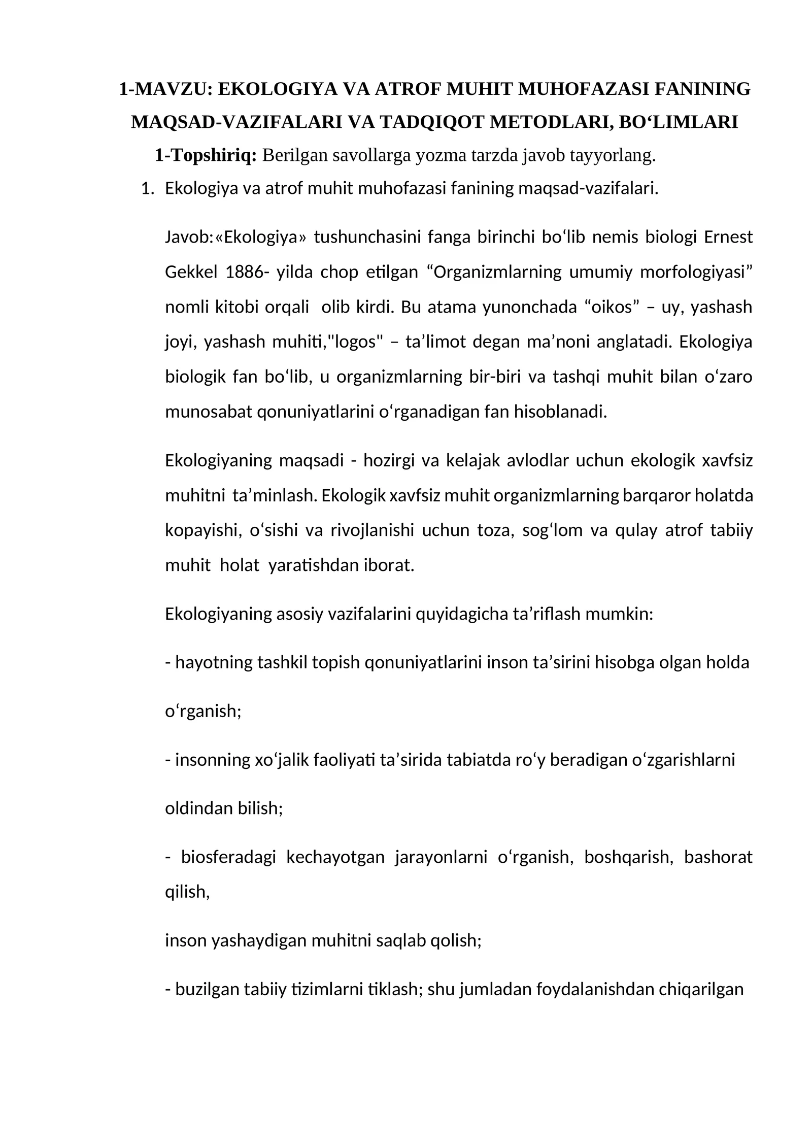 EKOLOGIYA VA ATROF MUHIT MUHOFAZASI FANINING MAQSAD-VAZIFALARI VA TADQIQOT METODLARI, BО'LLMILARI