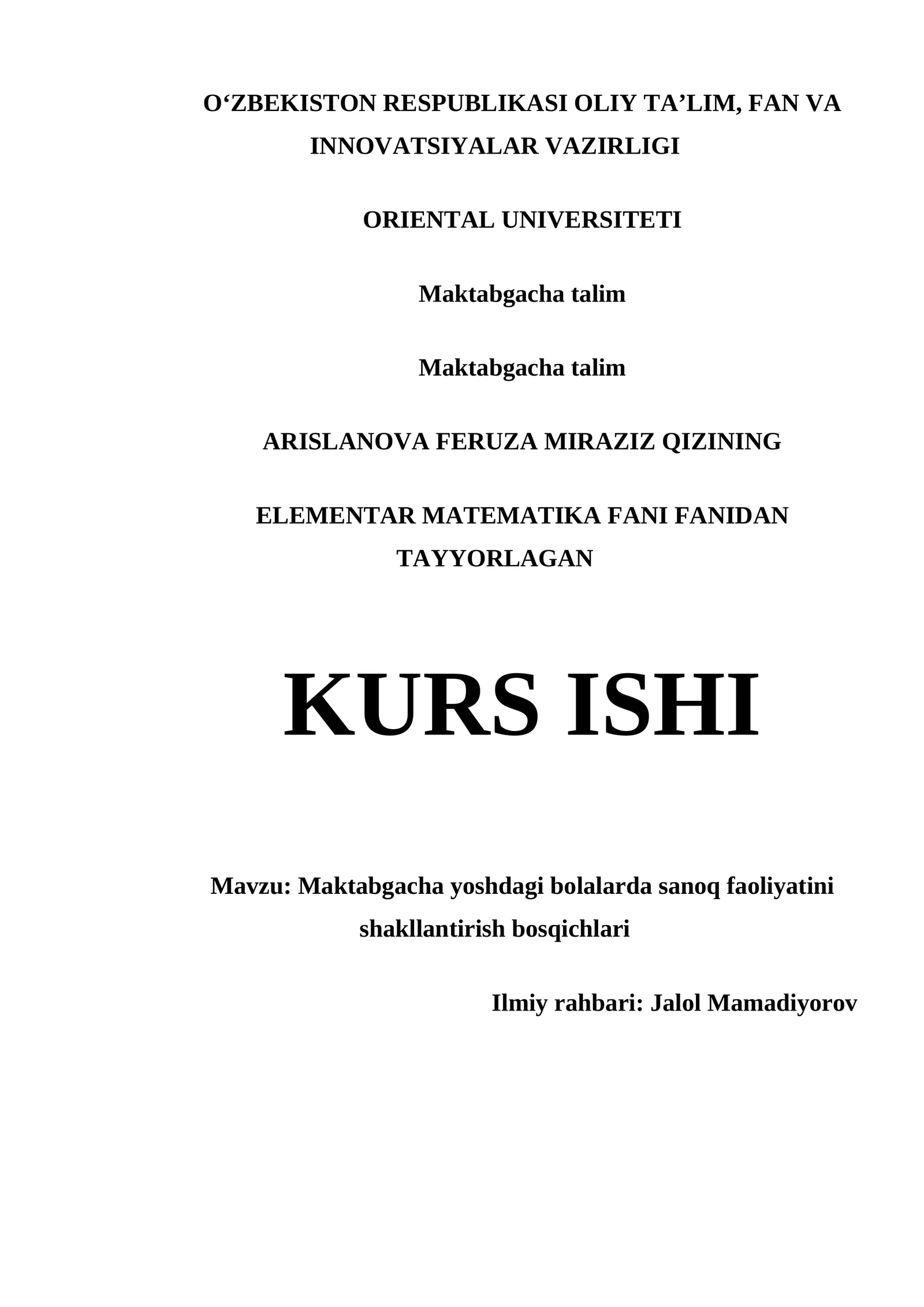 ELEMENTAR MATEMATIKA FANI FANIDAN TAYYORLAGAN KURS ISHI