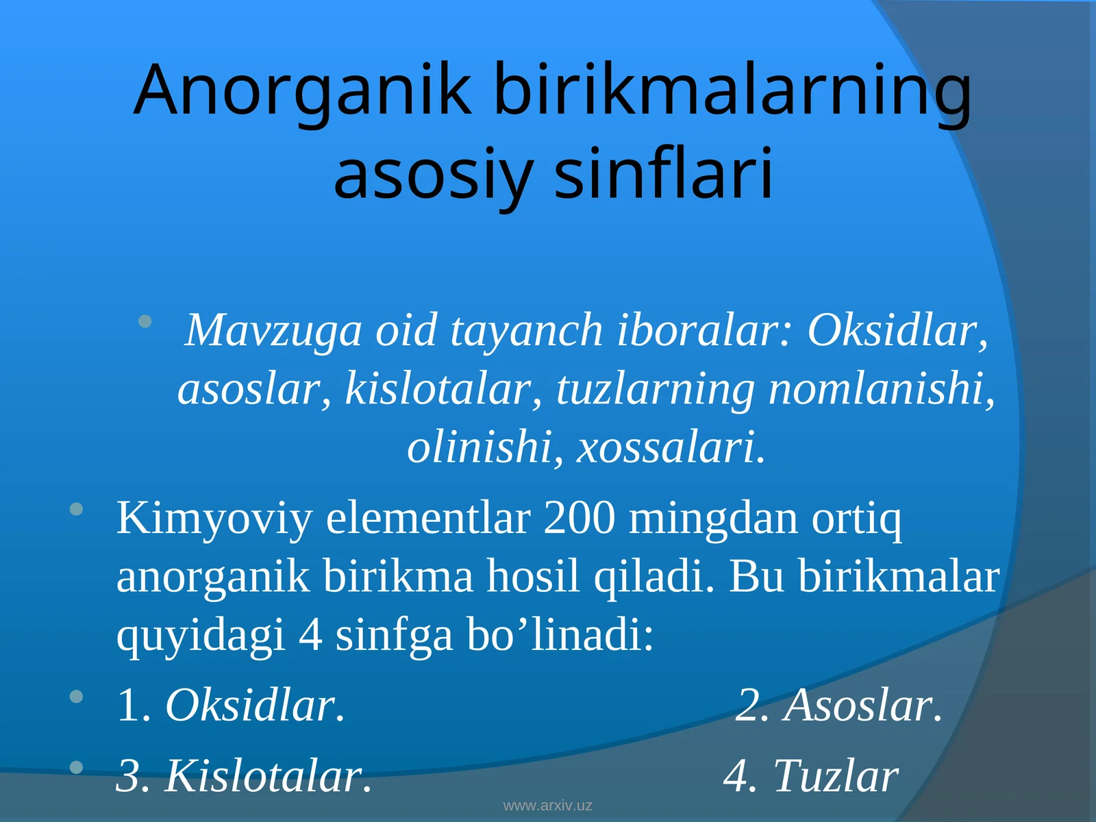 Anorganik birikmalarning asosiy sinflari