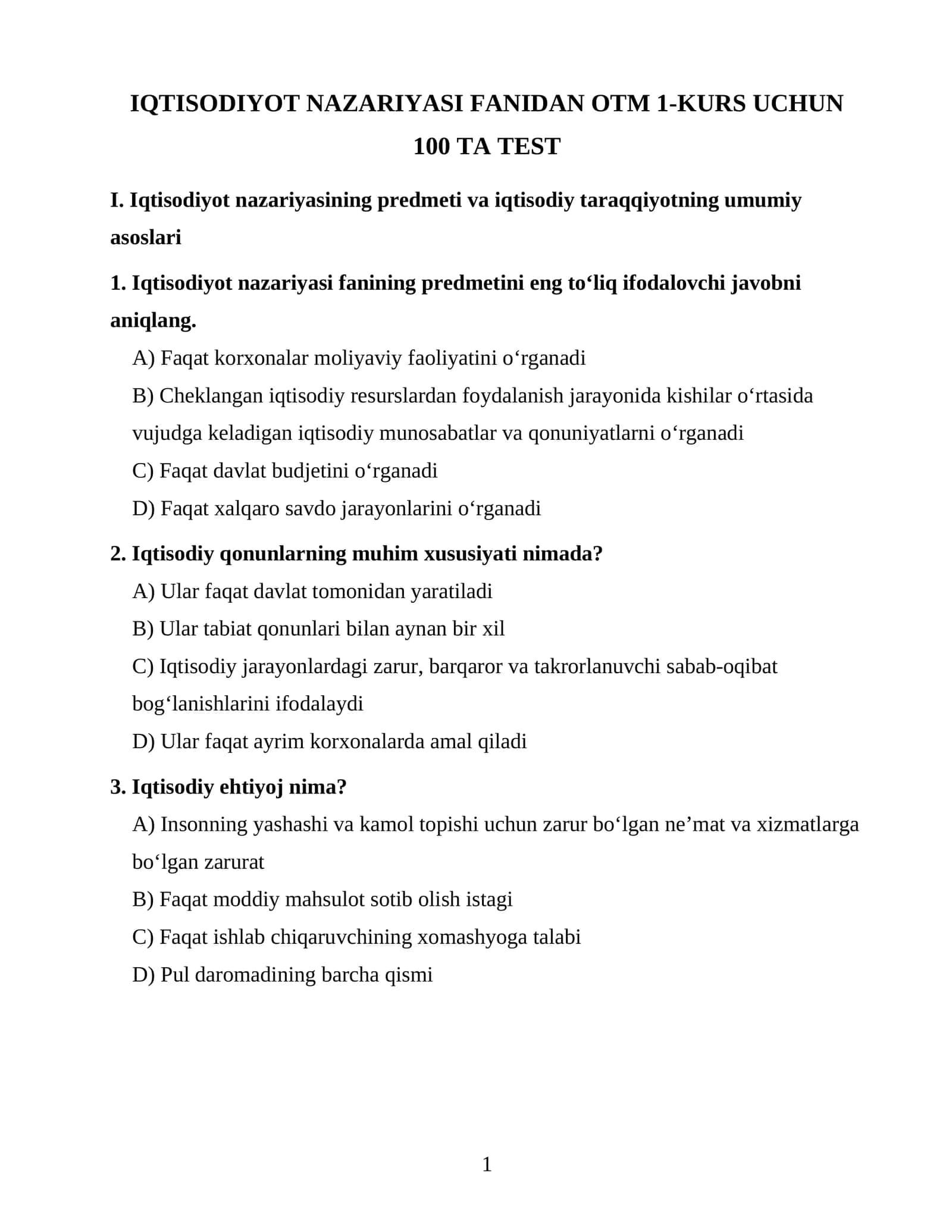 IQTISODIYOT NAZARIYASI FANIDAN OTM 1-KURS UCHUN 100 TA TEST