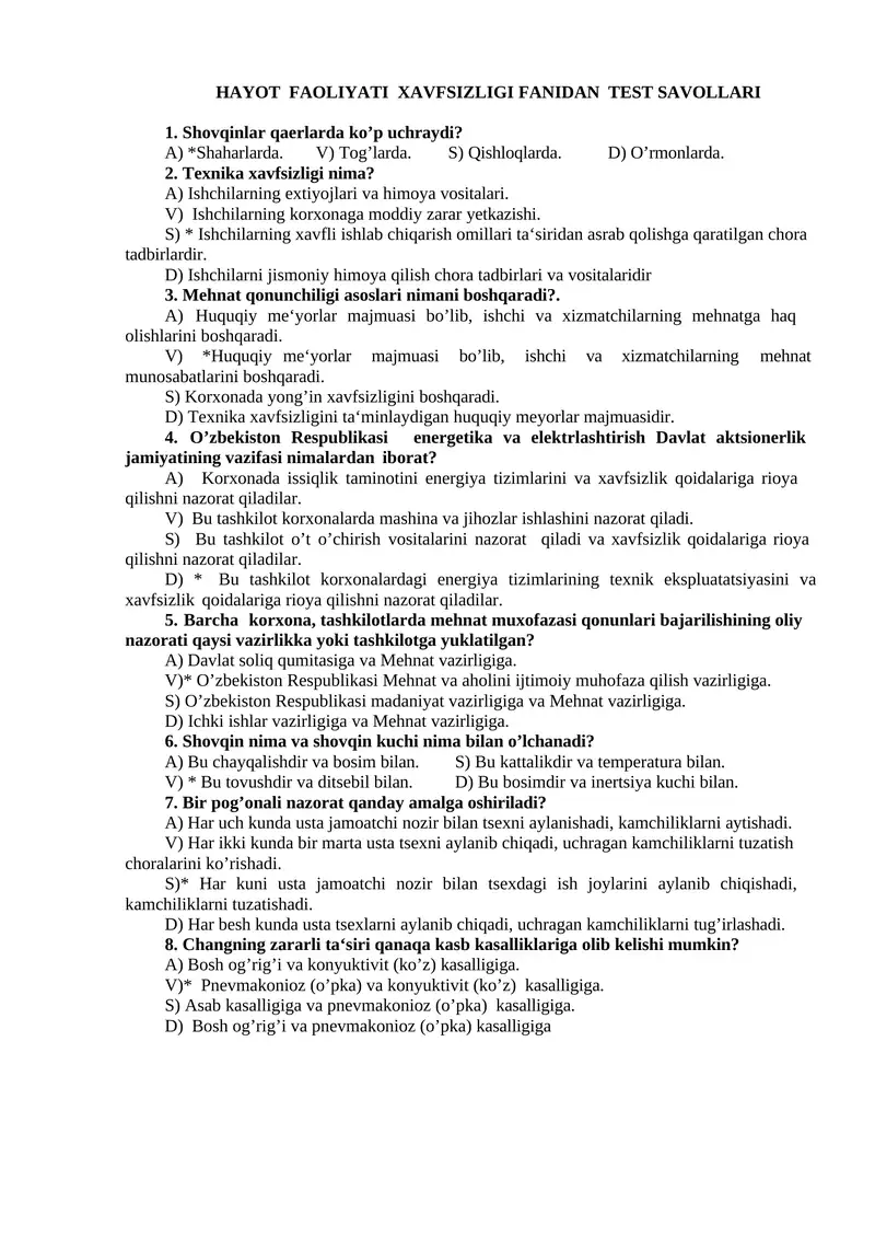 HAYOT FАОLIYATI ХАVFSIZLIGI FАNIDAN TEST SAVOLLARI