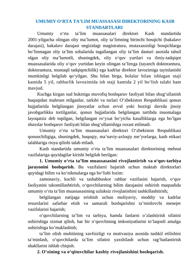 UMUMIY OʻRTA TAʼLIM MUASSASASI DIREKTORINING KASB STANDARTLARI