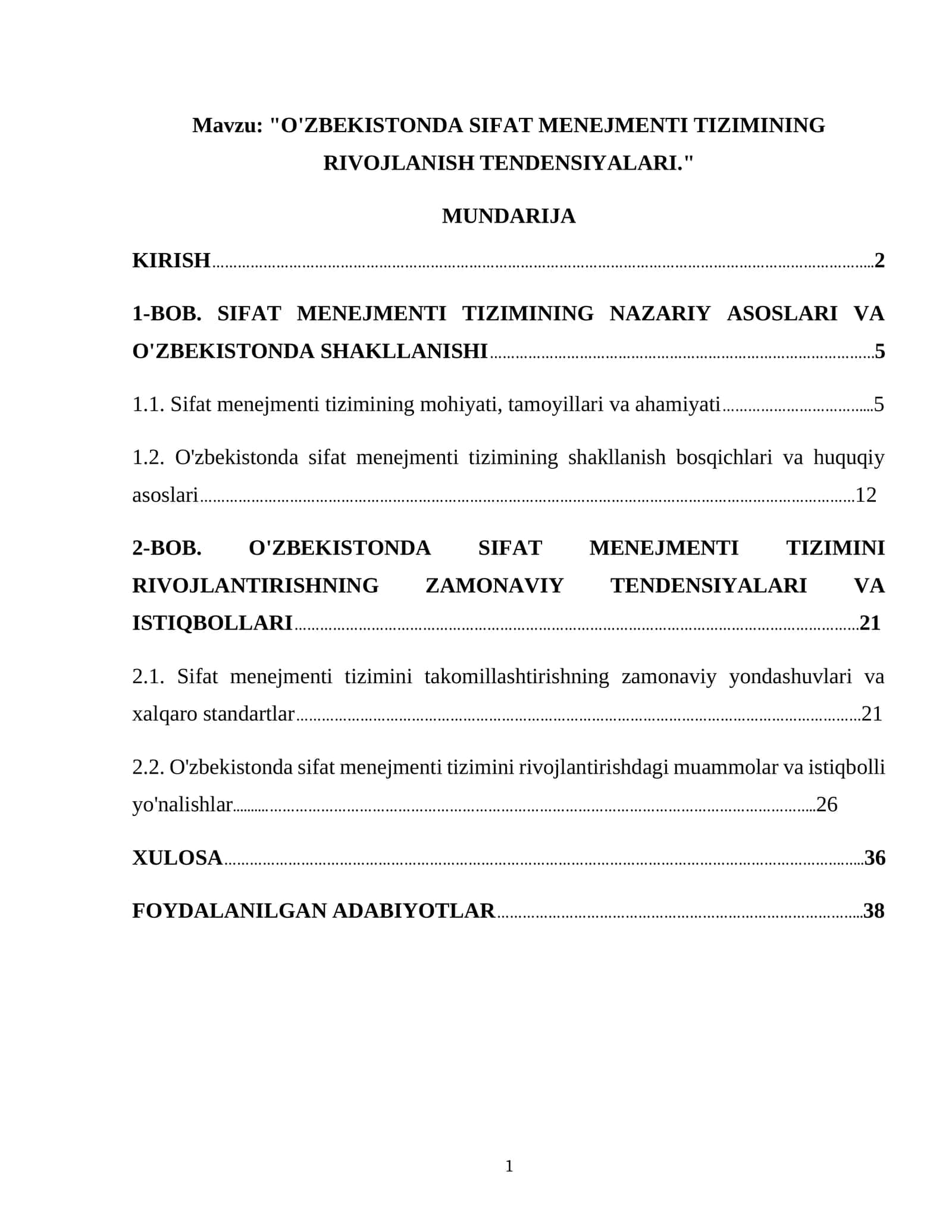 O'ZBEKISTONDA SIFAT MENEJMENTI TIZIMINING RIVOJLANISH TENDENSIYALARI